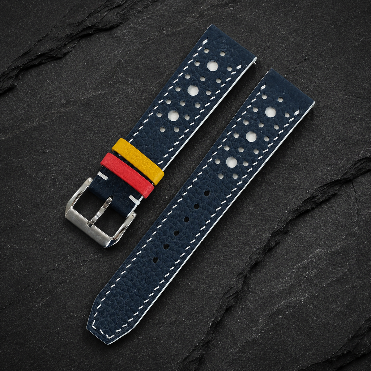 Navy And White Large Racing Togo Leather Watch Strap - Handmade