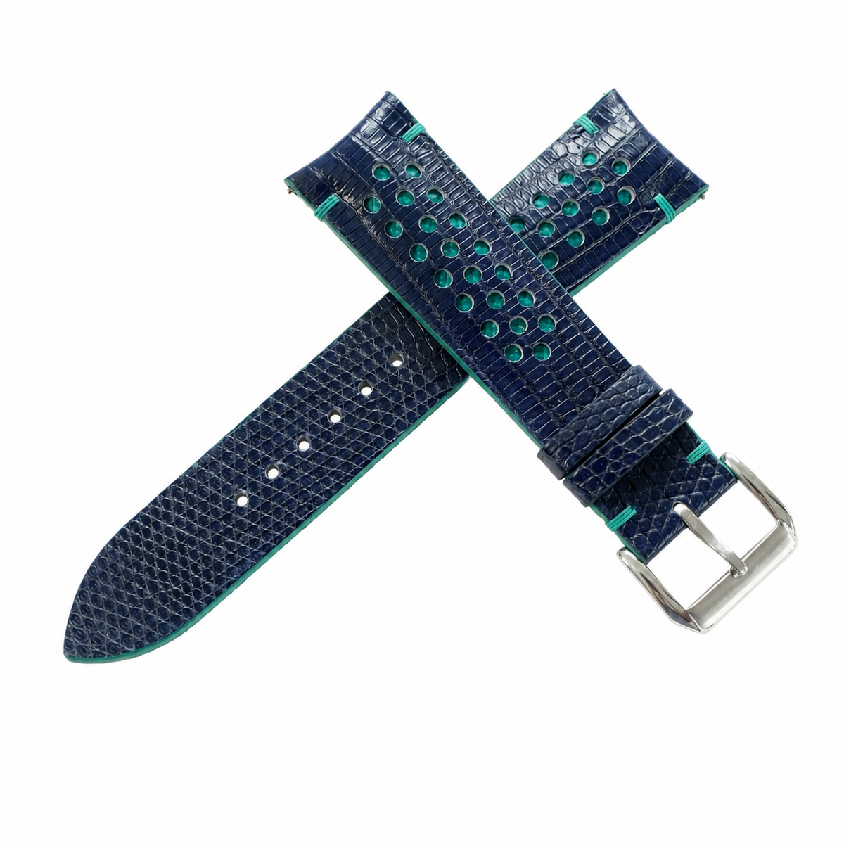 Navy And Turquoise Racing Lizard Leather Watch Strap - Handmade