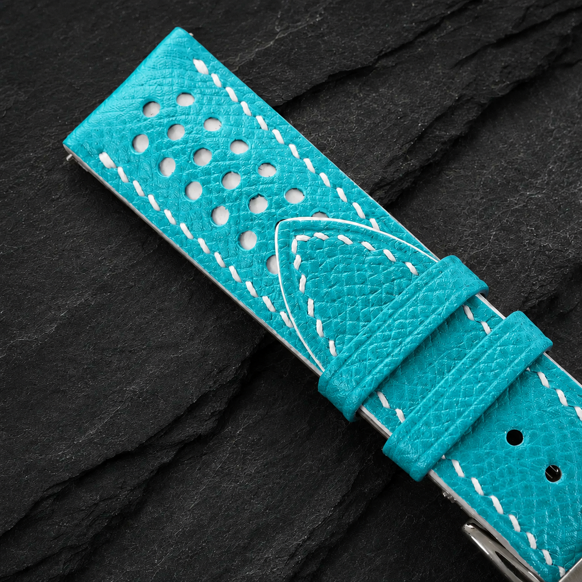 Turquoise And White Small Racing Epsom Leather Watch Strap - Handmade