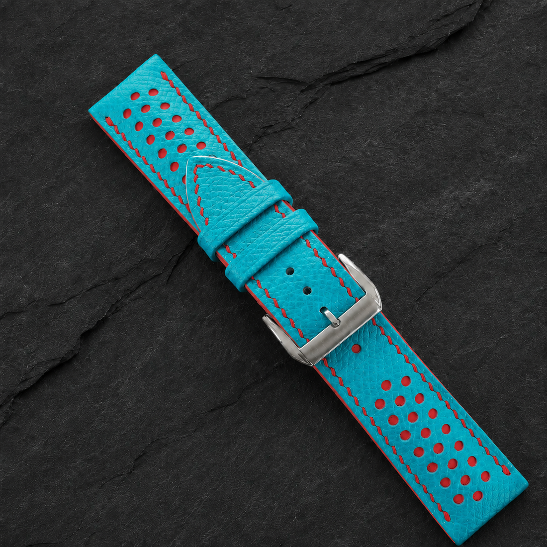 Turquoise And Red Small Racing Epsom Leather Watch Strap - Handmade