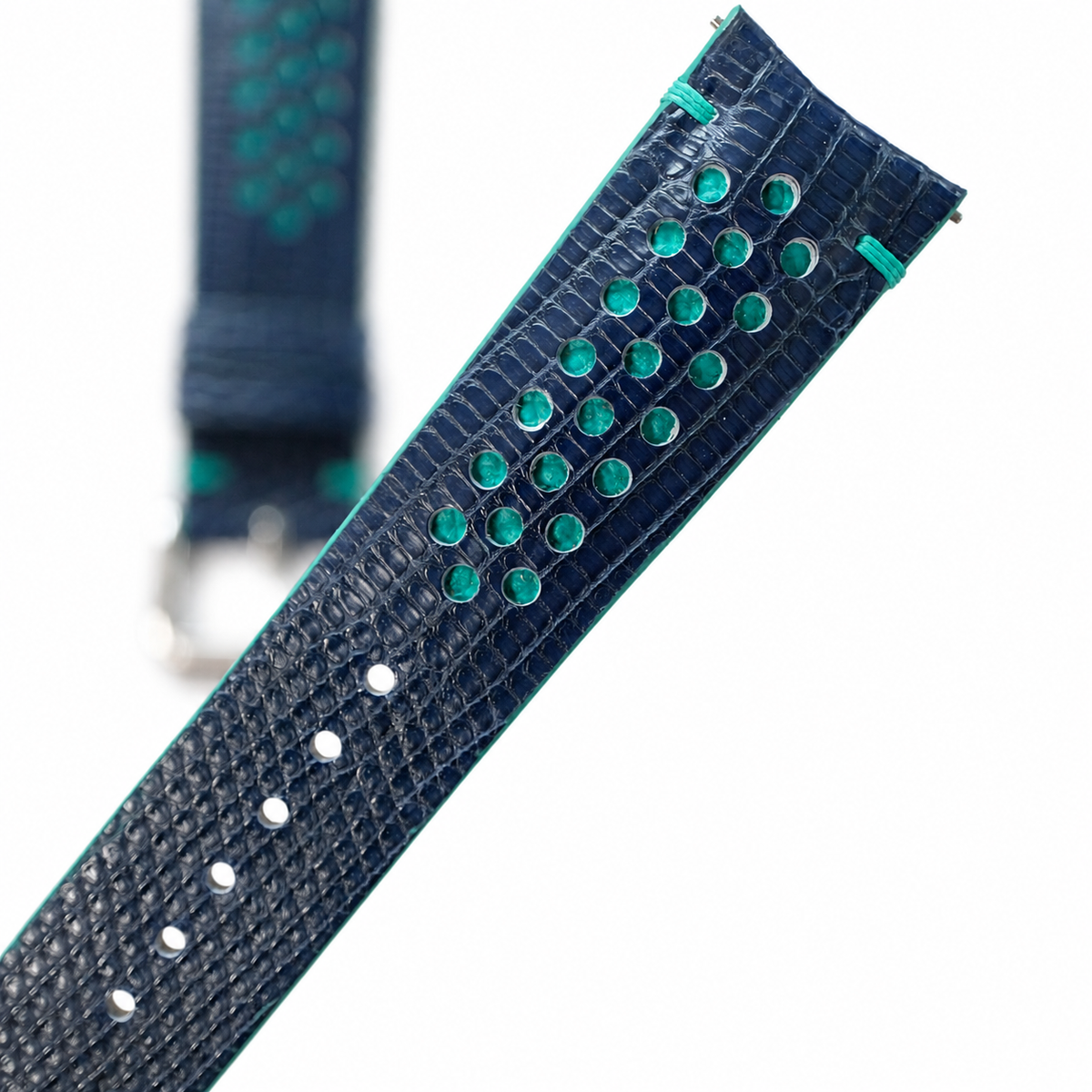 Navy And Turquoise Racing Lizard Leather Watch Strap - Handmade