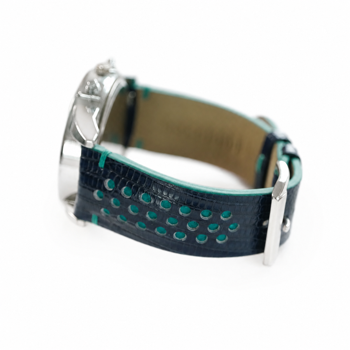 Navy And Turquoise Racing Lizard Leather Watch Strap - Handmade