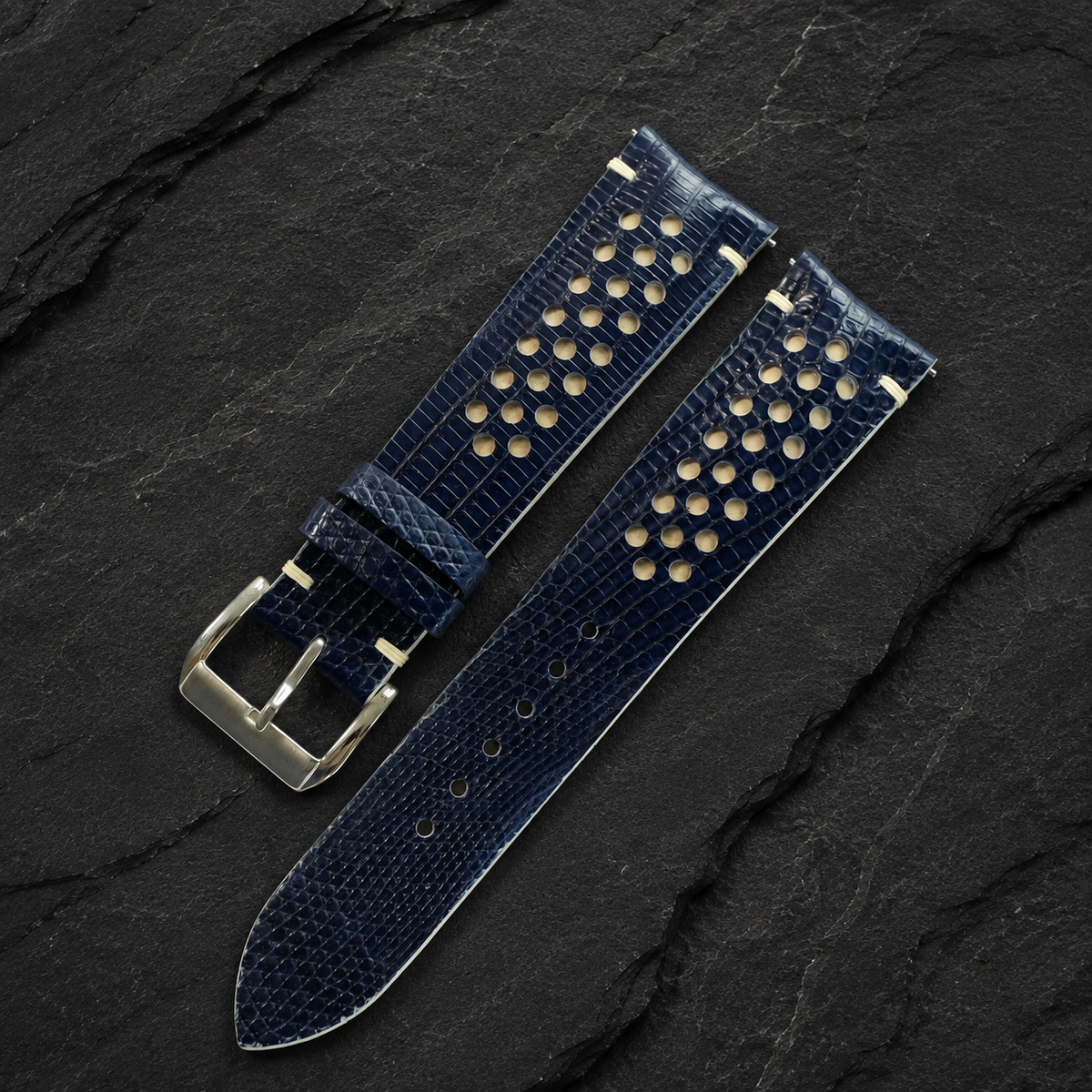 Navy And Cream Racing Lizard Leather Watch Strap - Handmade