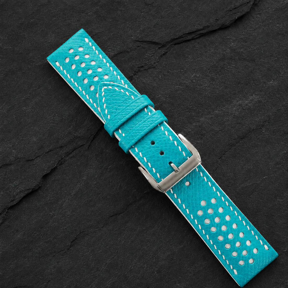 Turquoise And White Small Racing Epsom Leather Watch Strap - Handmade