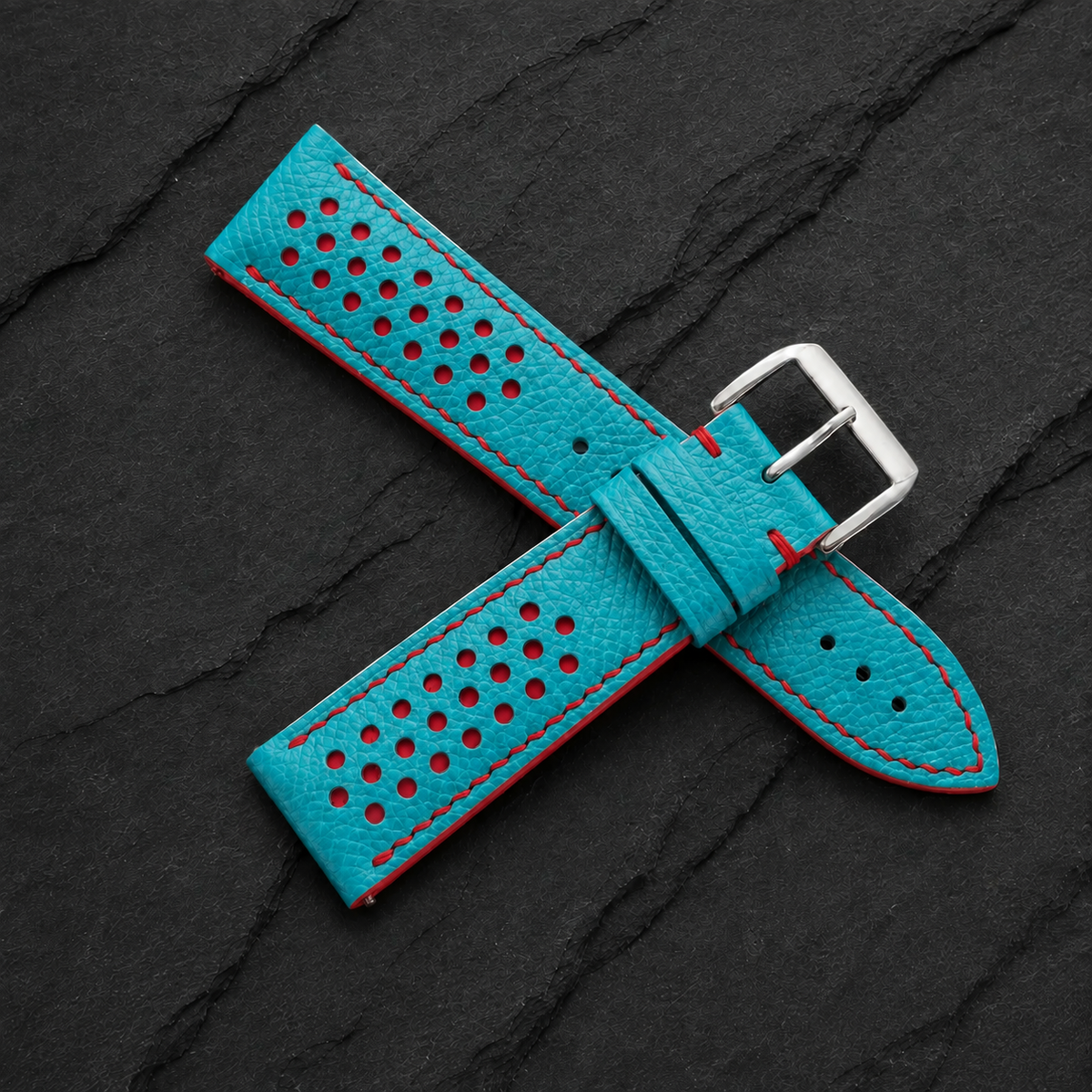 Turquoise And Red Small Racing Epsom Leather Watch Strap - Handmade