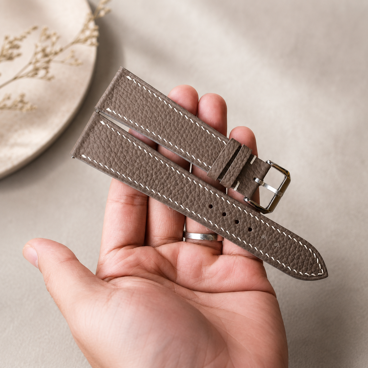 Etoupe Taupe Togo Leather Watch Strap - Handmade Quick Release Band