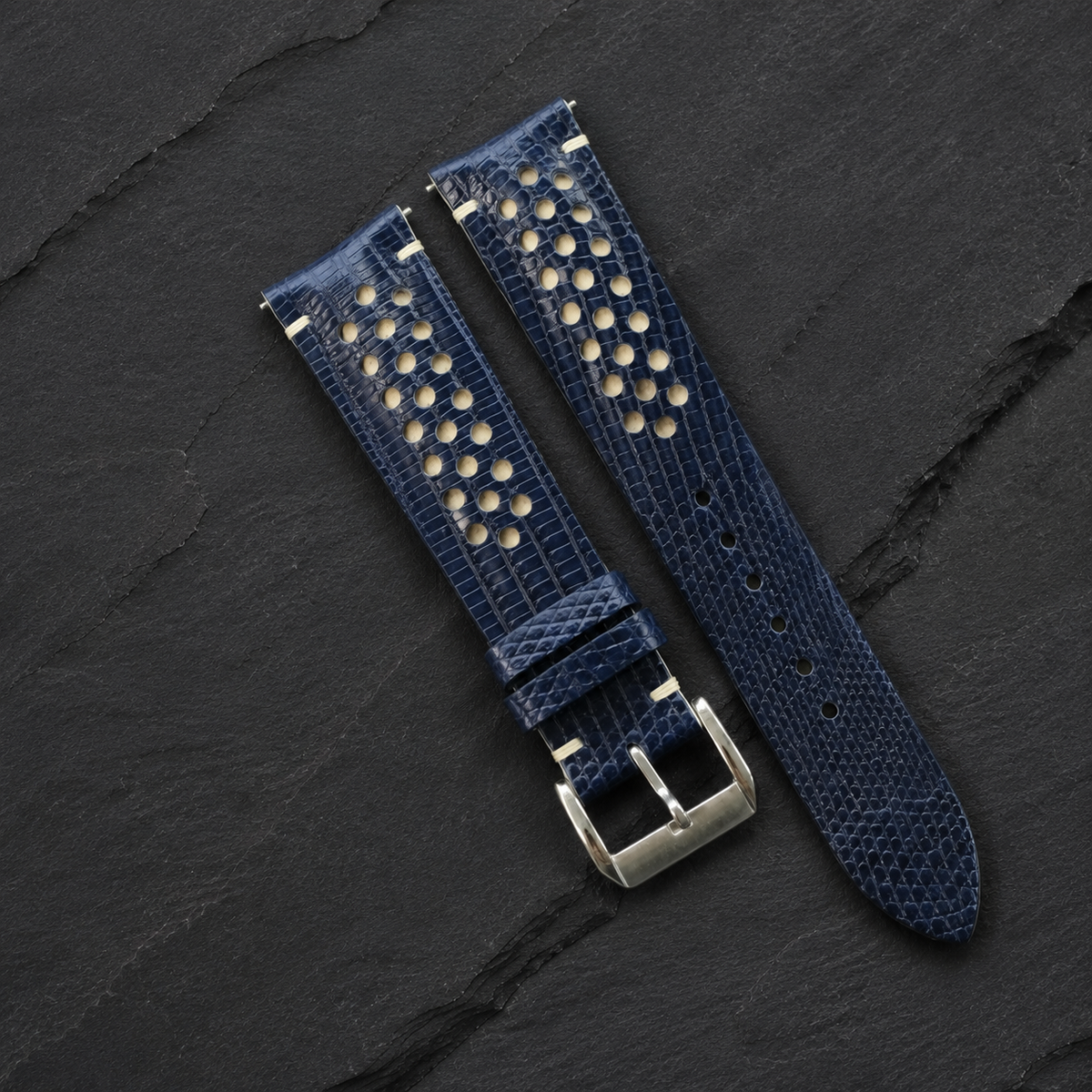 Navy And Cream Racing Lizard Leather Watch Strap - Handmade