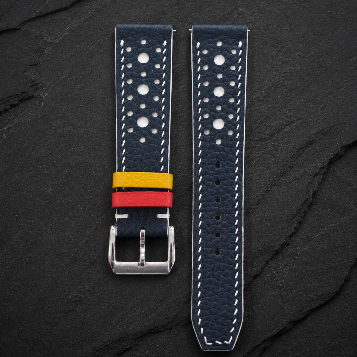 Navy And White Large Racing Togo Leather Watch Strap - Handmade