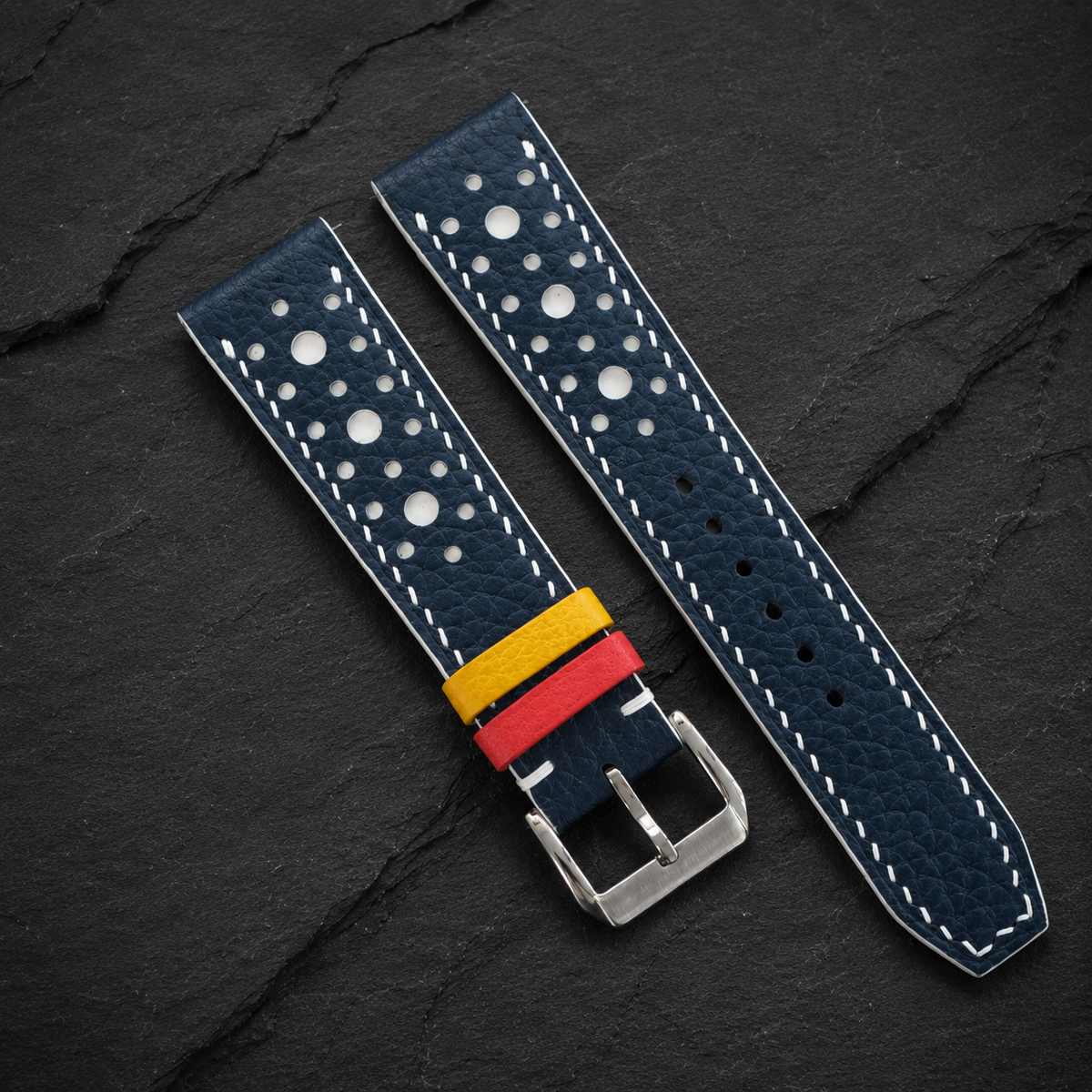 Navy And White Large Racing Togo Leather Watch Strap - Handmade