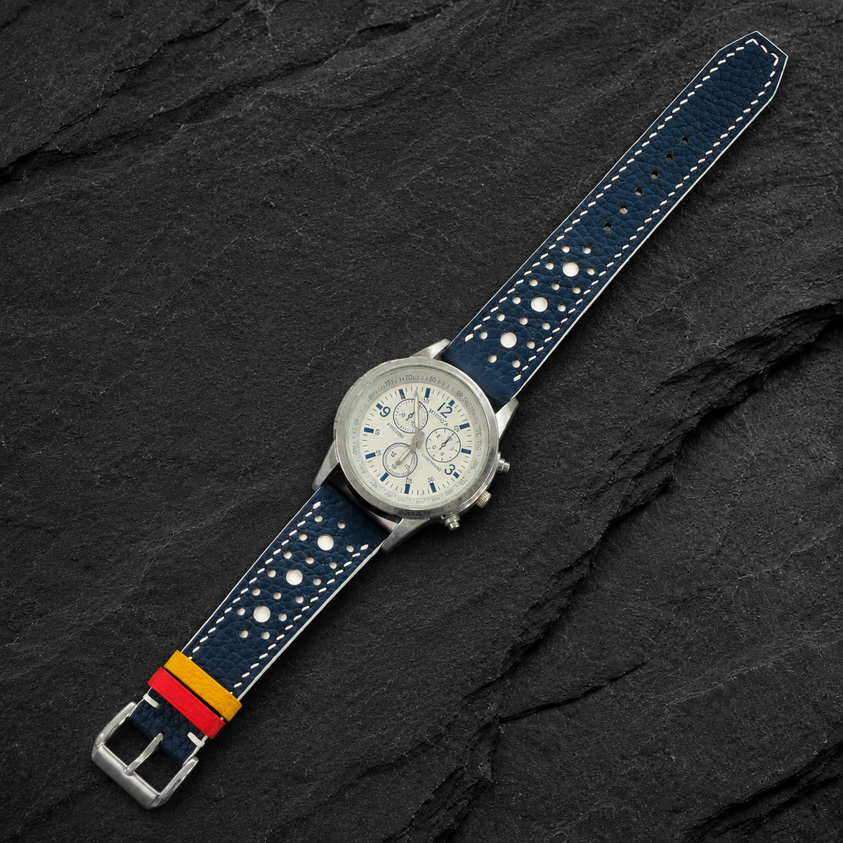 Navy And White Large Racing Togo Leather Watch Strap - Handmade