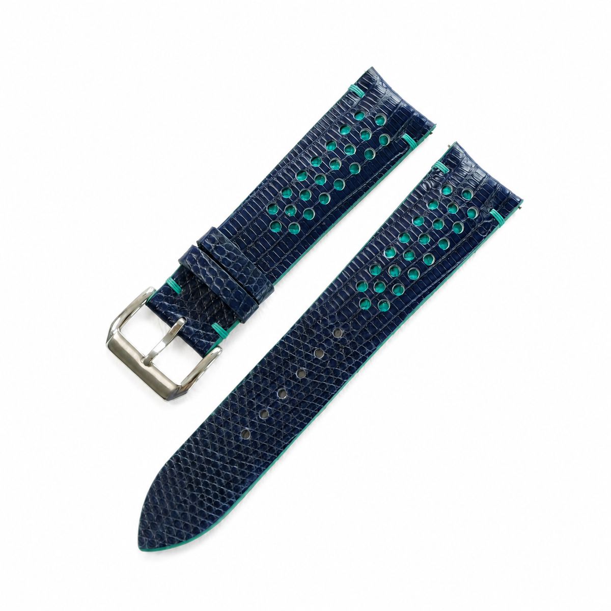 Navy And Turquoise Racing Lizard Leather Watch Strap - Handmade