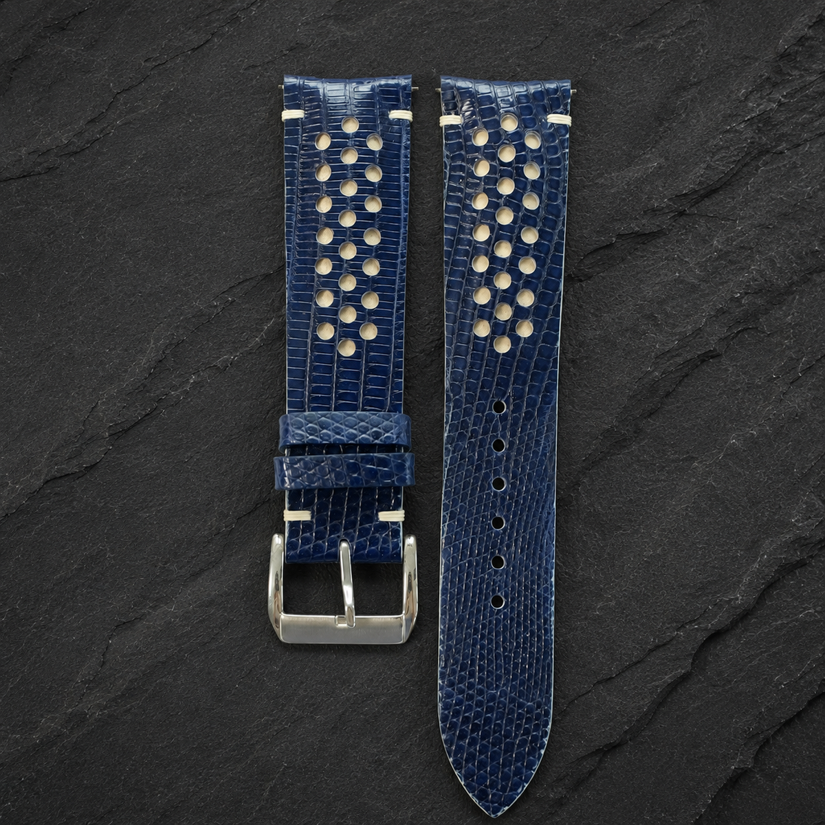 Navy And Cream Racing Lizard Leather Watch Strap - Handmade
