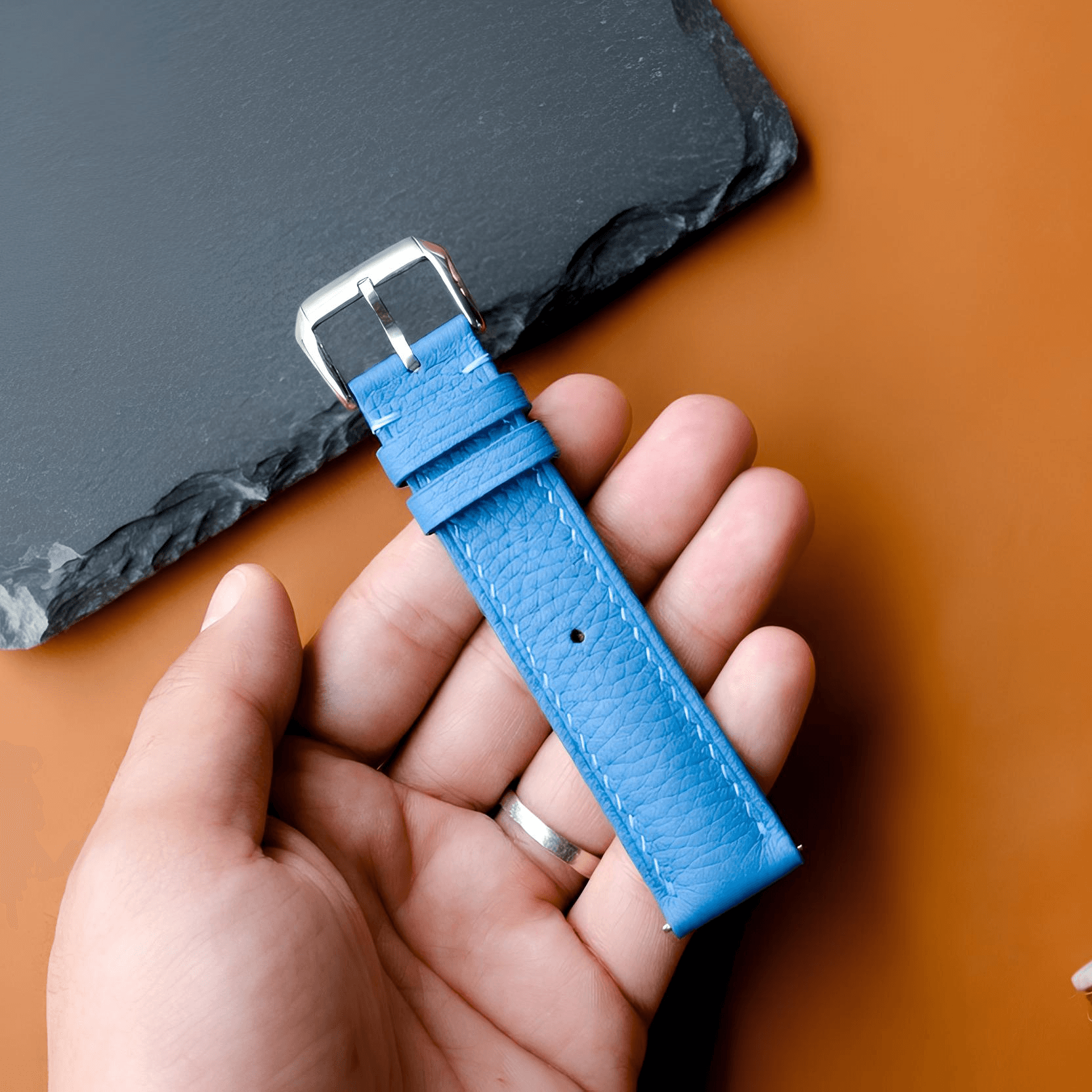 Sky Blue Togo Leather Watch Strap - Handmade Quick Release Band