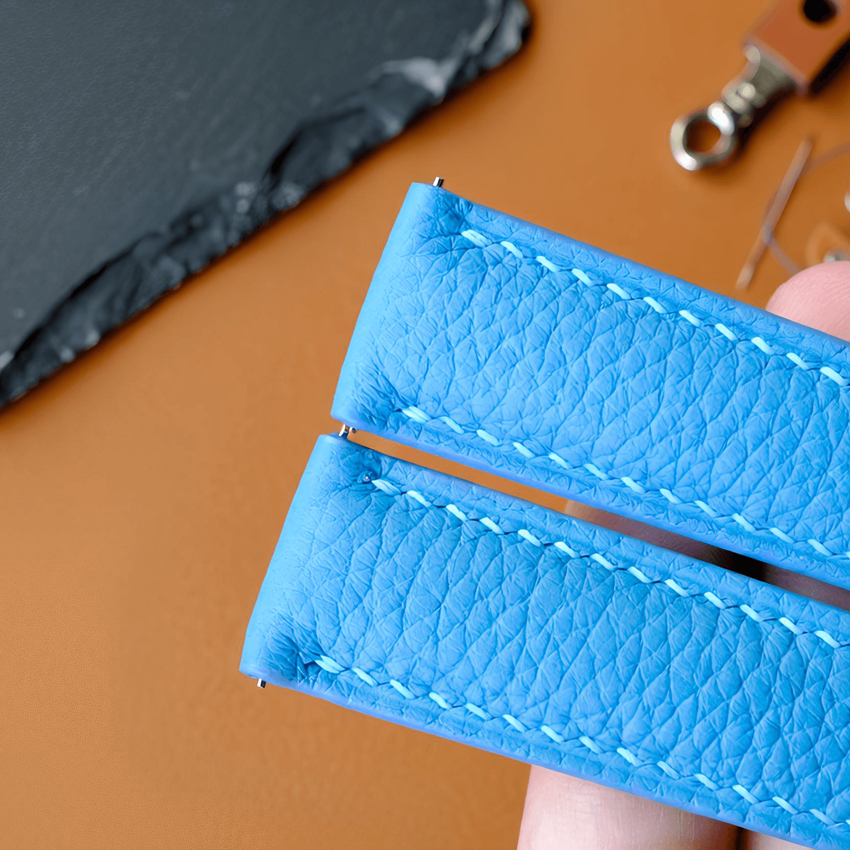 Sky Blue Togo Leather Watch Strap - Handmade Quick Release Band