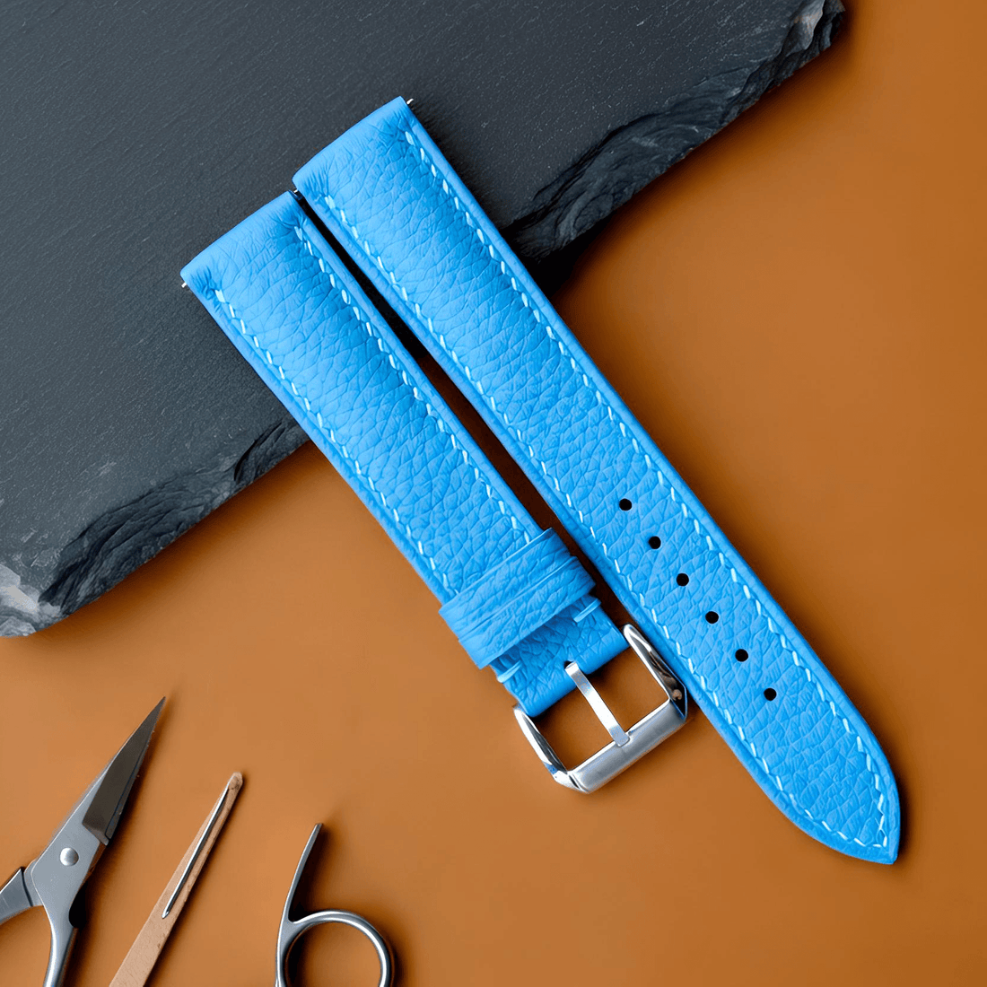 Sky Blue Togo Leather Watch Strap - Handmade Quick Release Band
