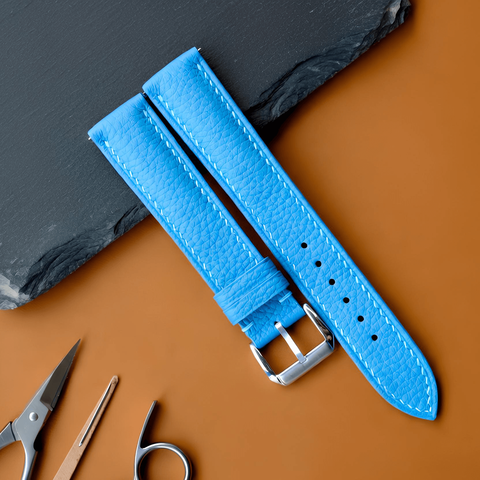 Sky Blue Togo Leather Watch Strap - Handmade Quick Release Band