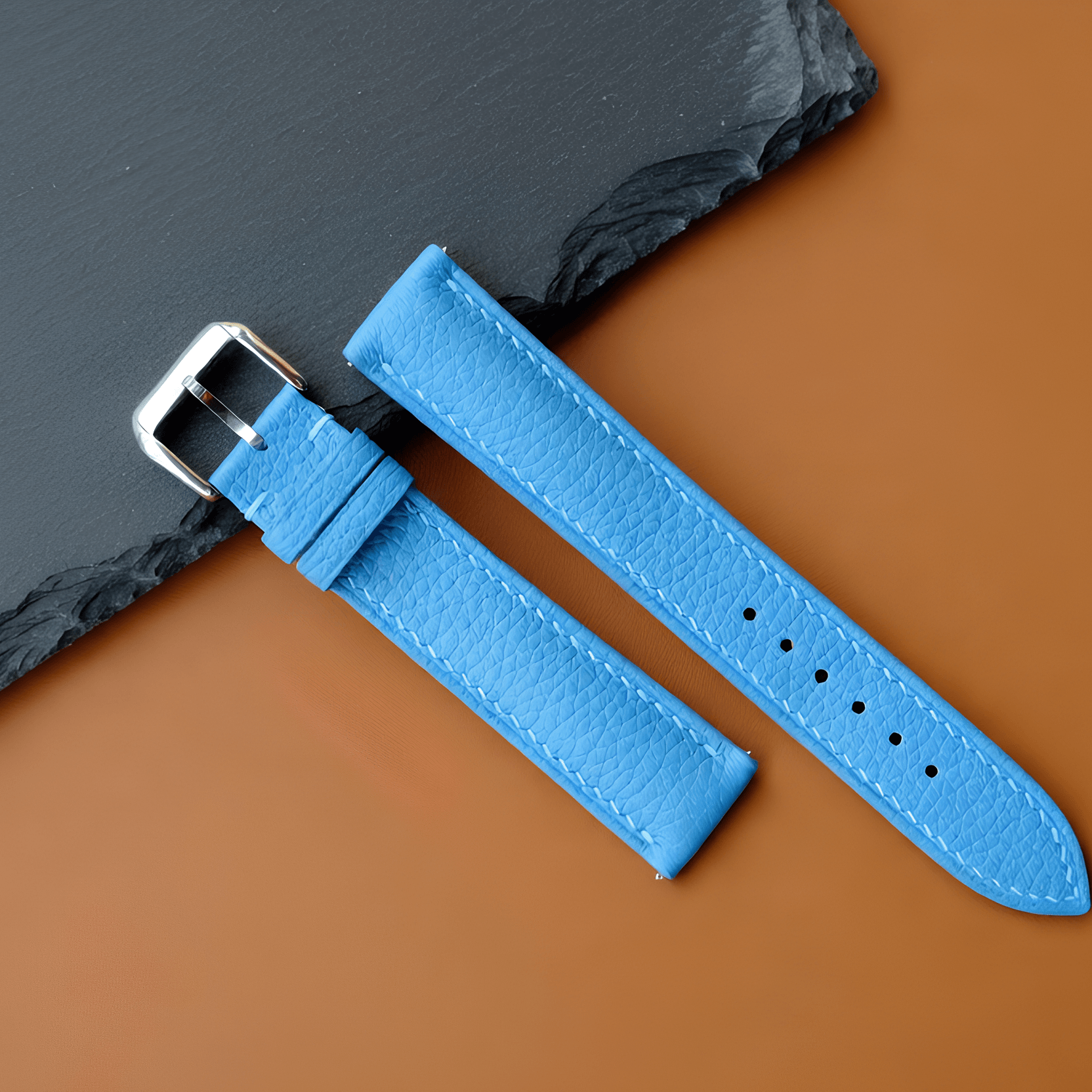 Sky Blue Togo Leather Watch Strap - Handmade Quick Release Band