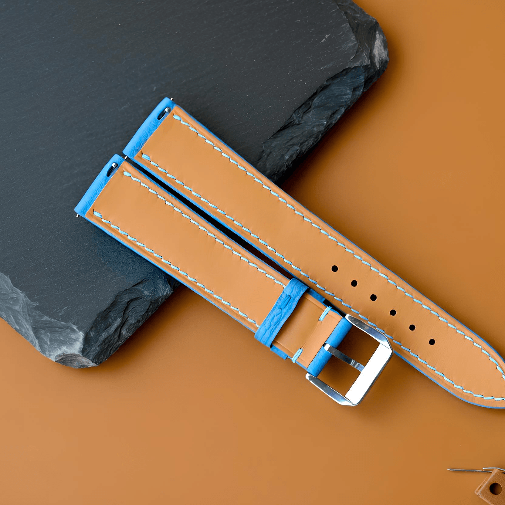 Sky Blue Togo Leather Watch Strap - Handmade Quick Release Band