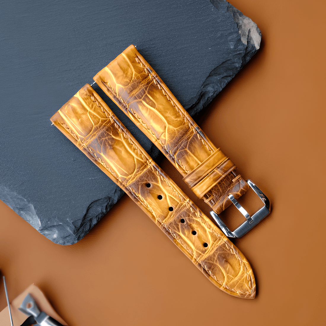 Yellow Alligator Leather Watch Strap - Handmade