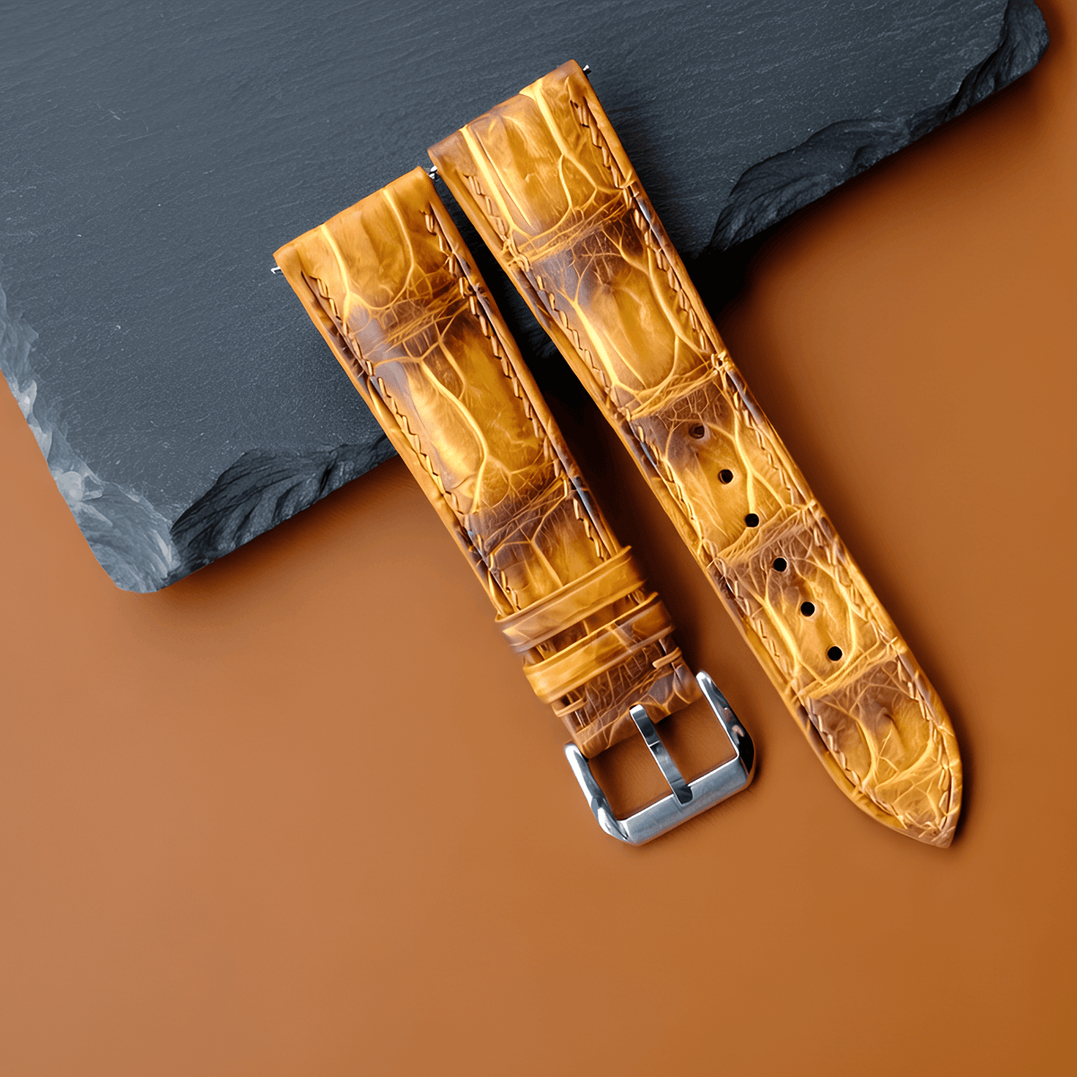 Yellow Alligator Leather Watch Strap - Handmade