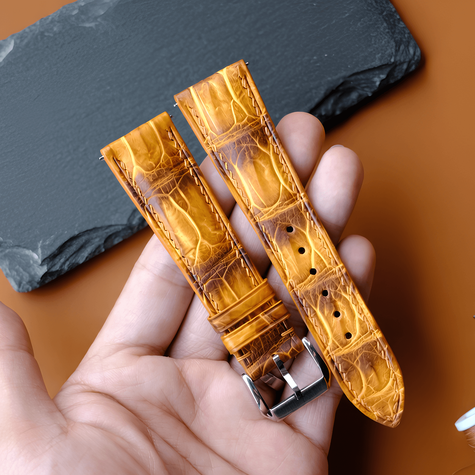 Yellow Alligator Leather Watch Strap - Handmade Quick Release Band