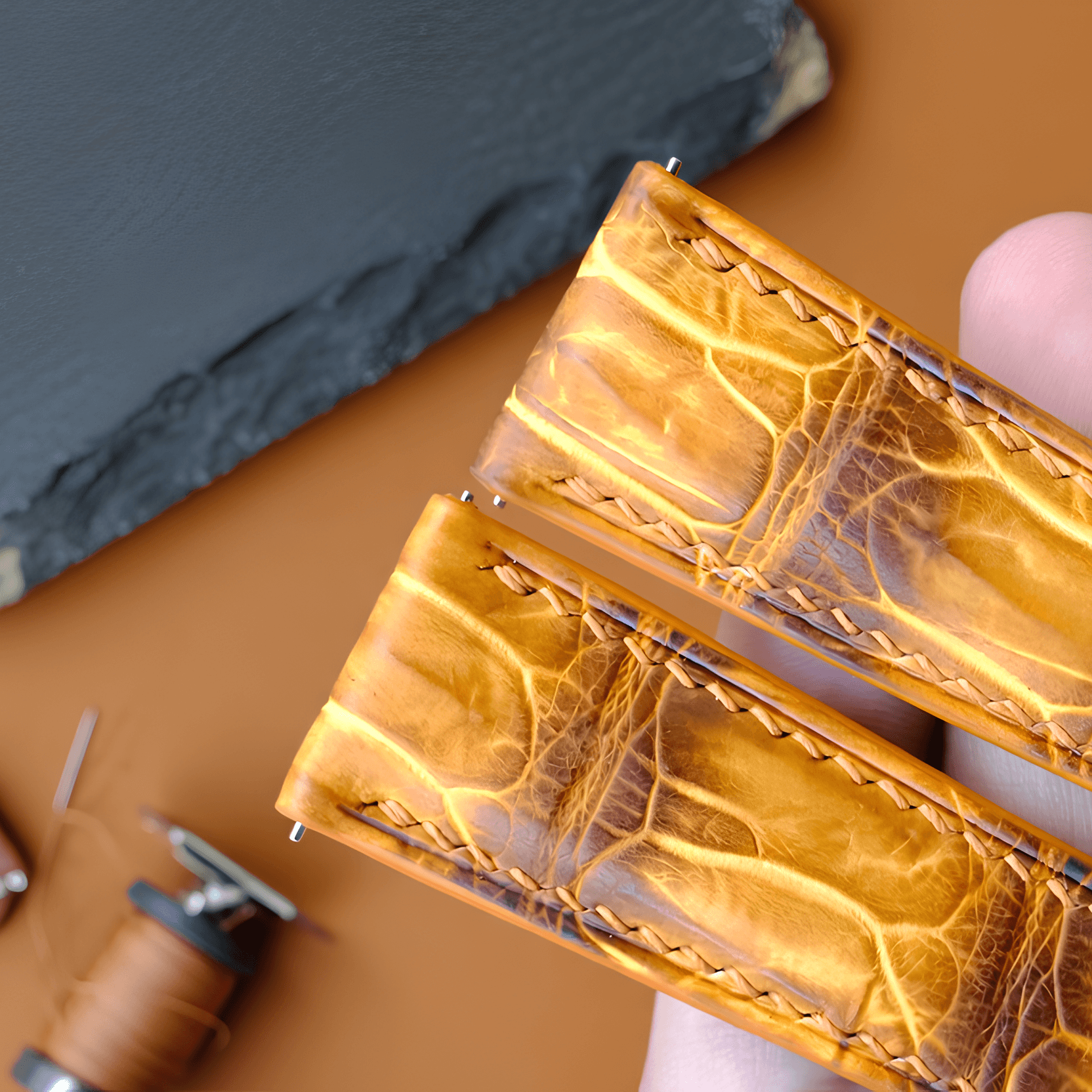 Yellow Alligator Leather Watch Strap - Handmade Quick Release Band