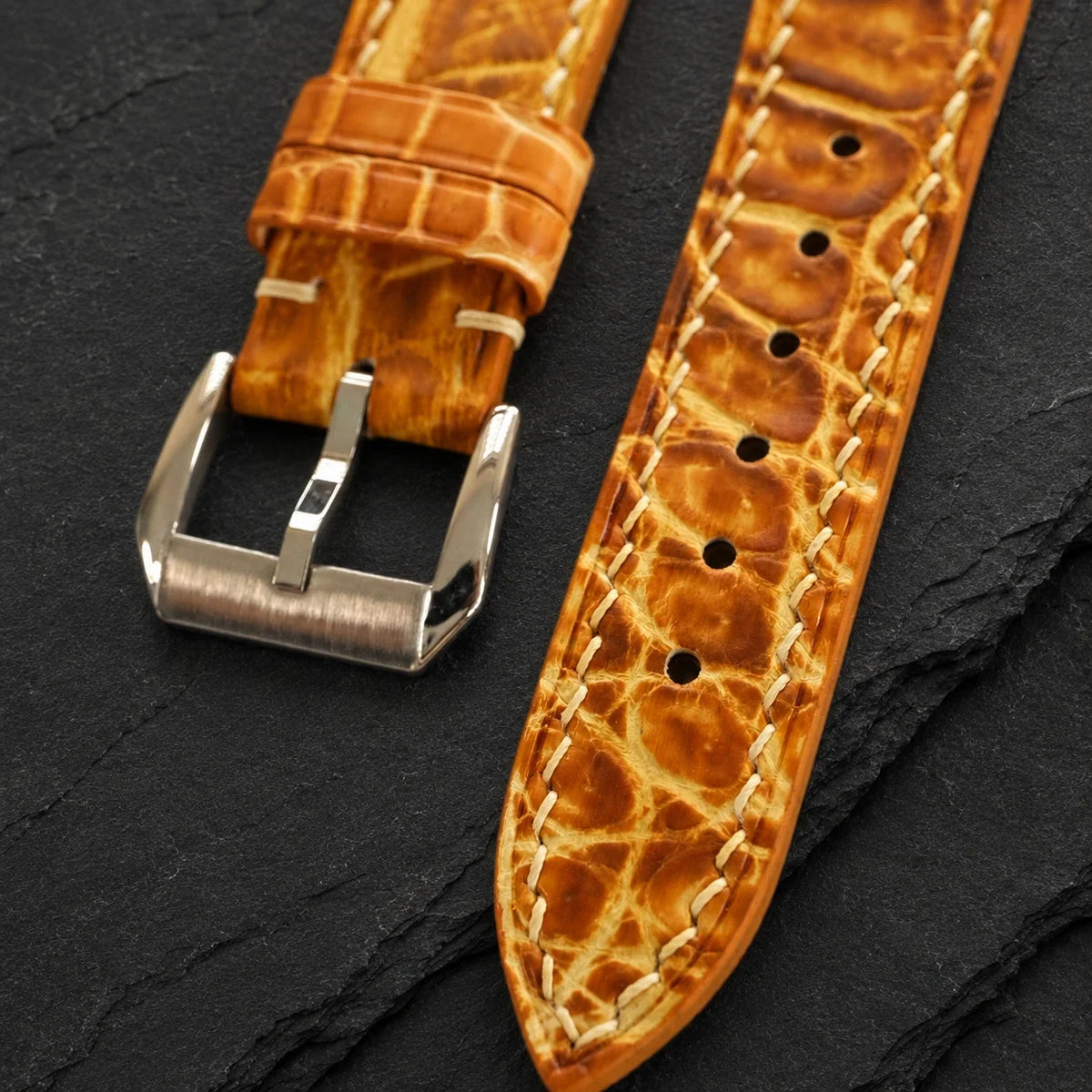 Amber Cognac Hand Alligator Leather Watch Strap - Handmade