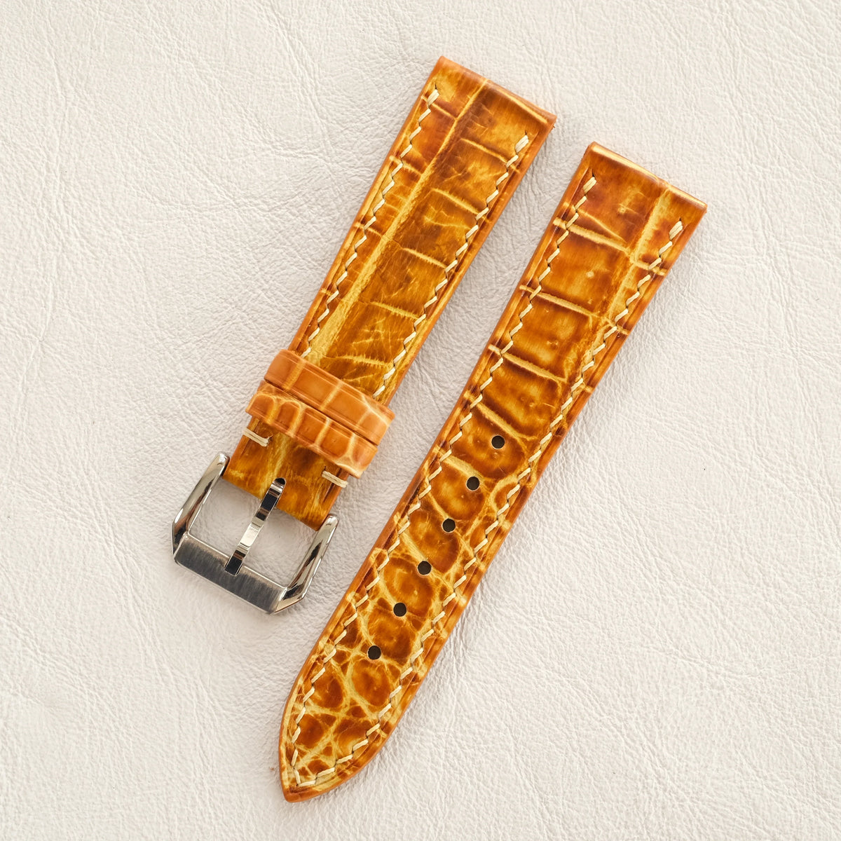 Amber Cognac Hand Alligator Leather Watch Strap - Handmade