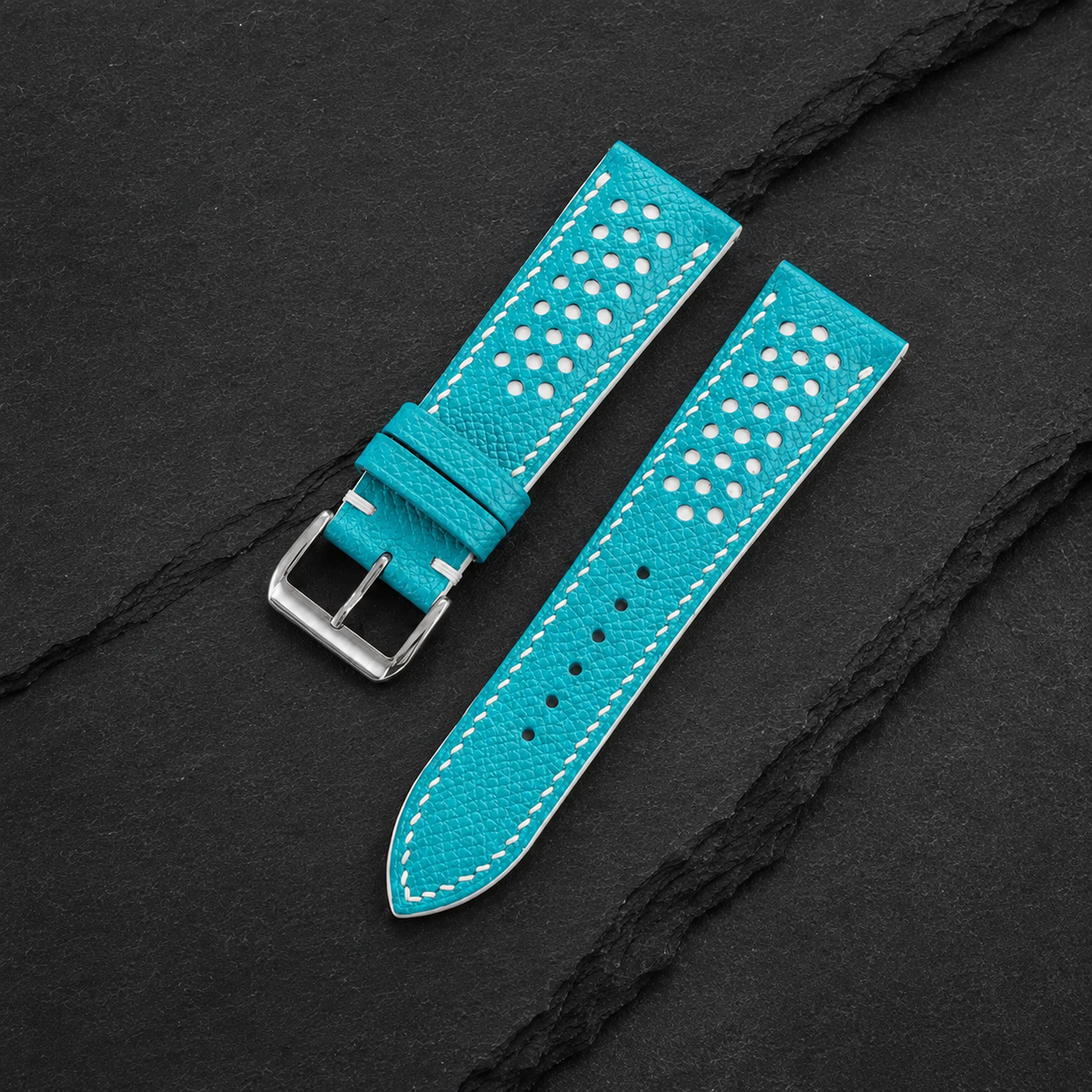 Turquoise And White Small Racing Epsom Leather Watch Strap - Handmade