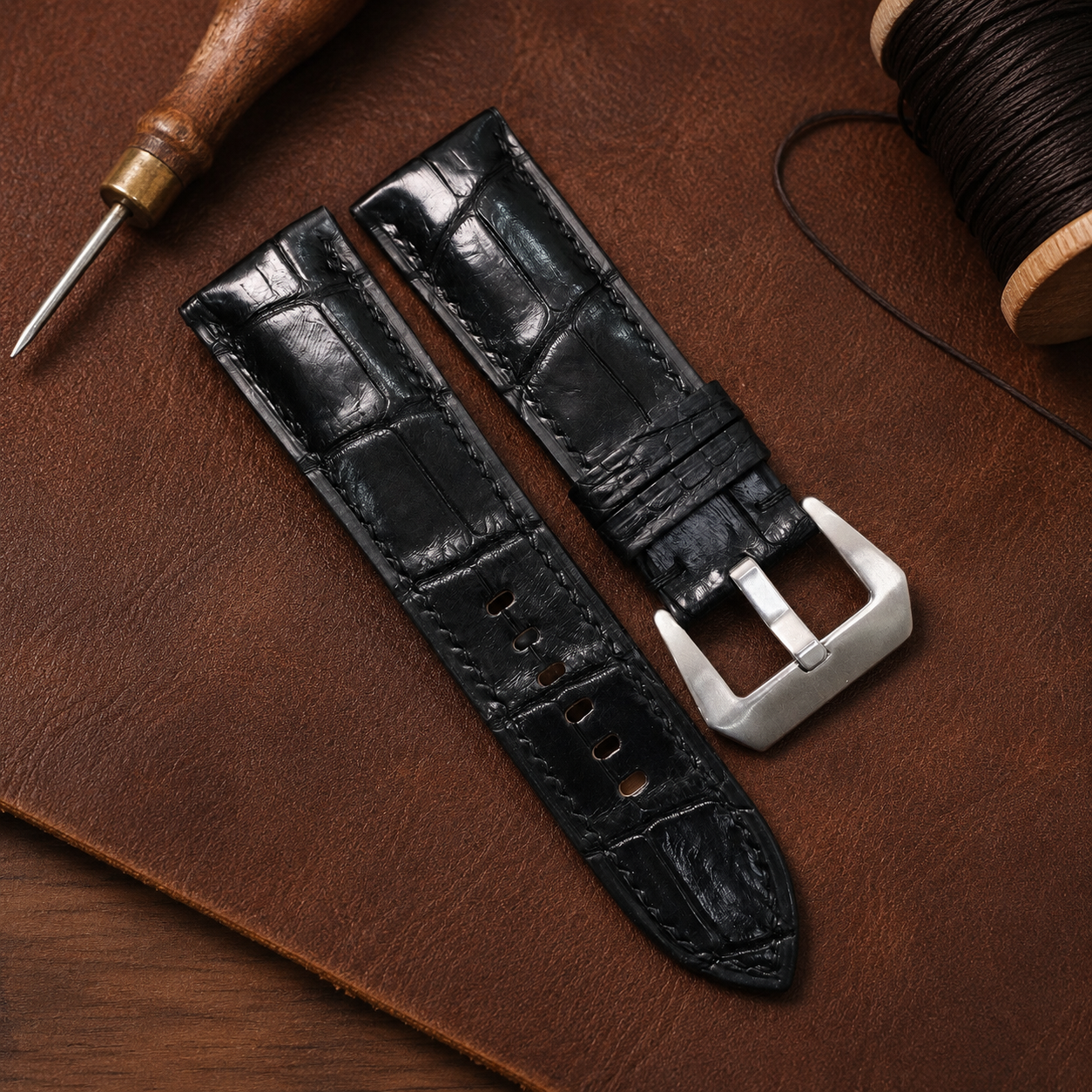 Black Alligator Leather Watch Strap - Handmade Quick Release Band