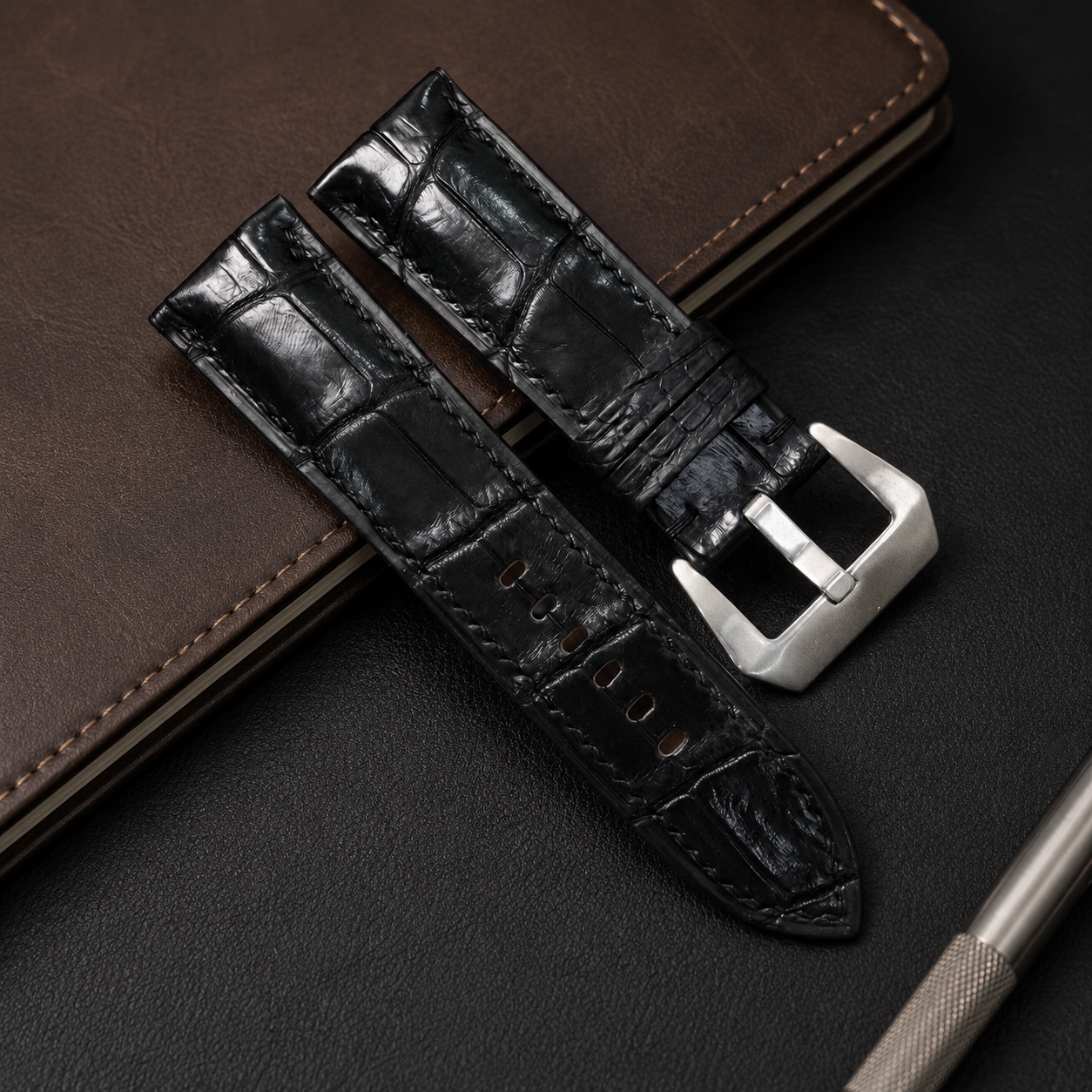 Black Alligator Leather Watch Strap - Handmade Quick Release Band