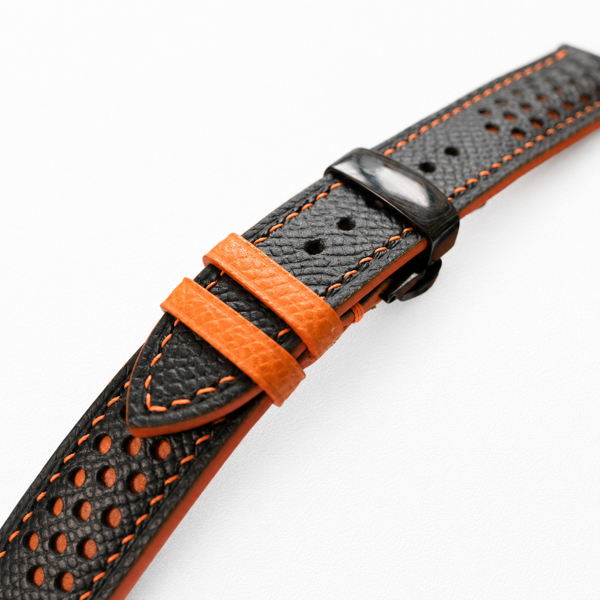 Black And Orange Epsom Leather Watch Strap - Handmade