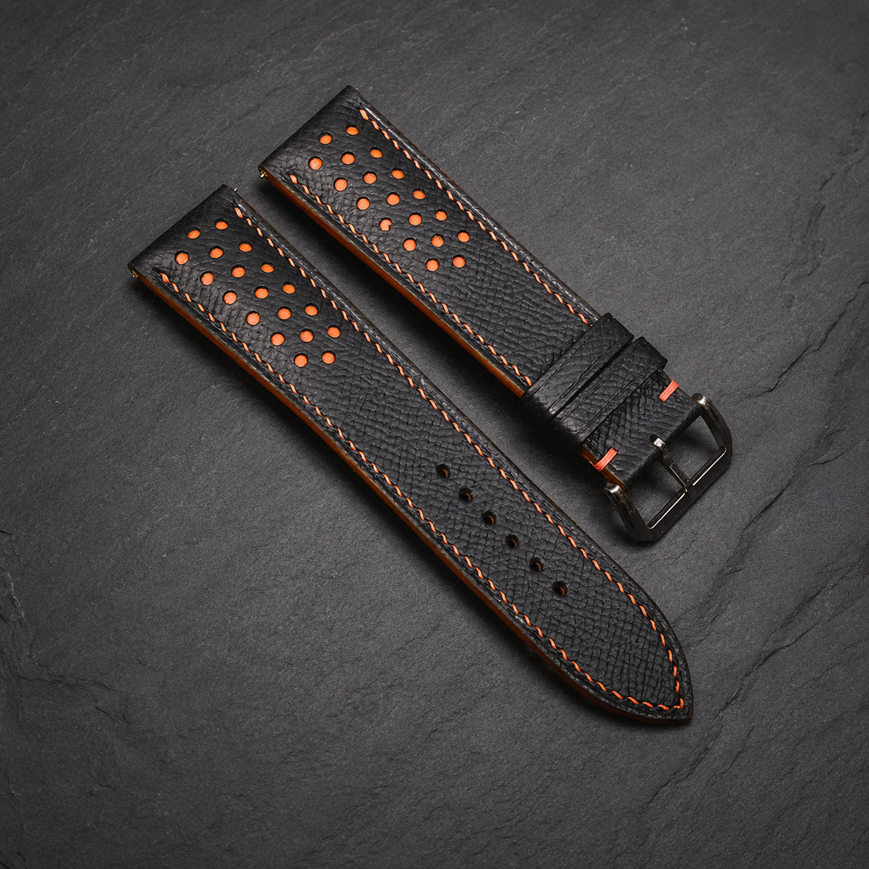 Black and Orange Racing Epsom Leather Watch Strap - Handmade Quick Release Band