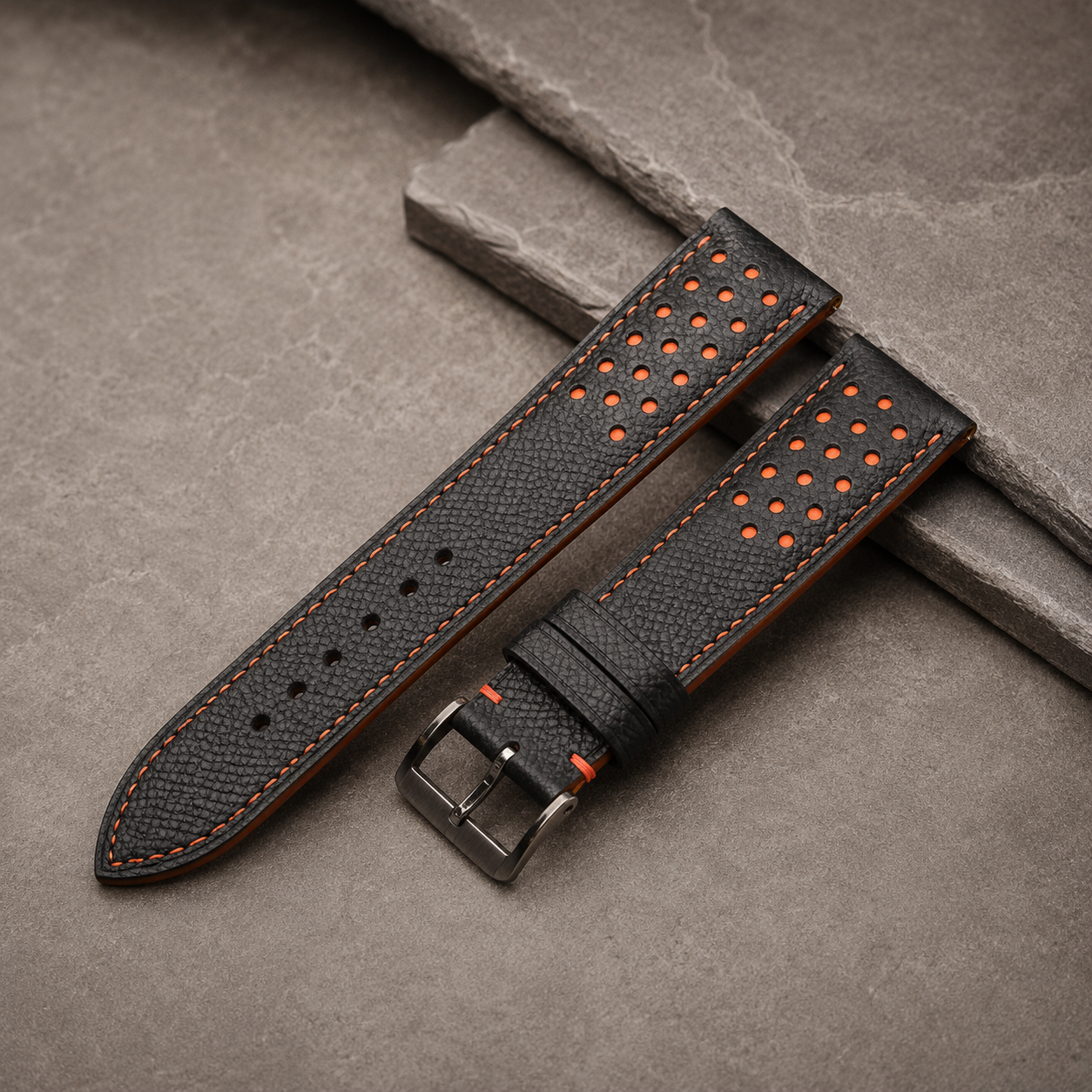 Black and Orange Racing Epsom Leather Watch Strap - Handmade Quick Release Band