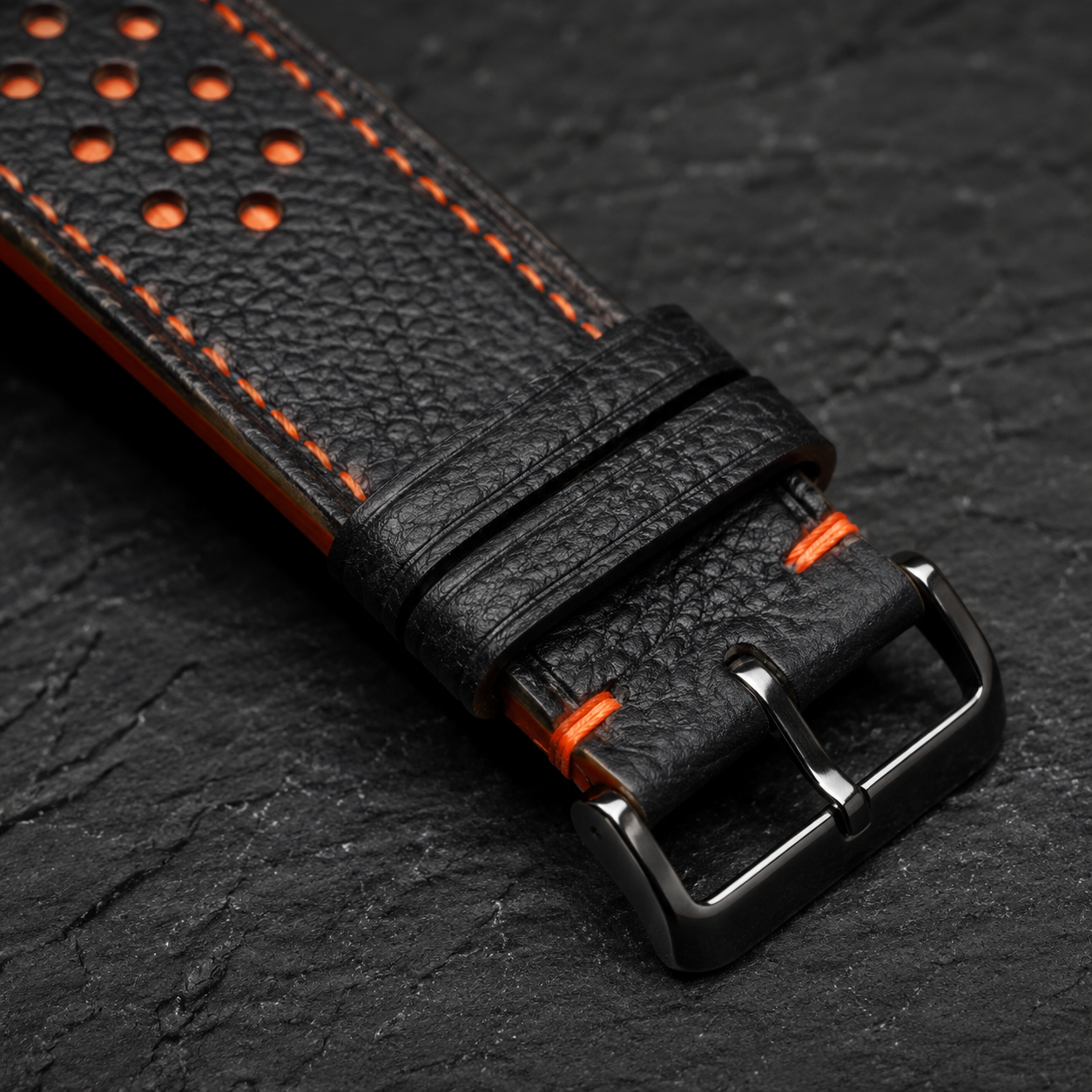 Black and Orange Racing Epsom Leather Watch Strap - Handmade Quick Release Band