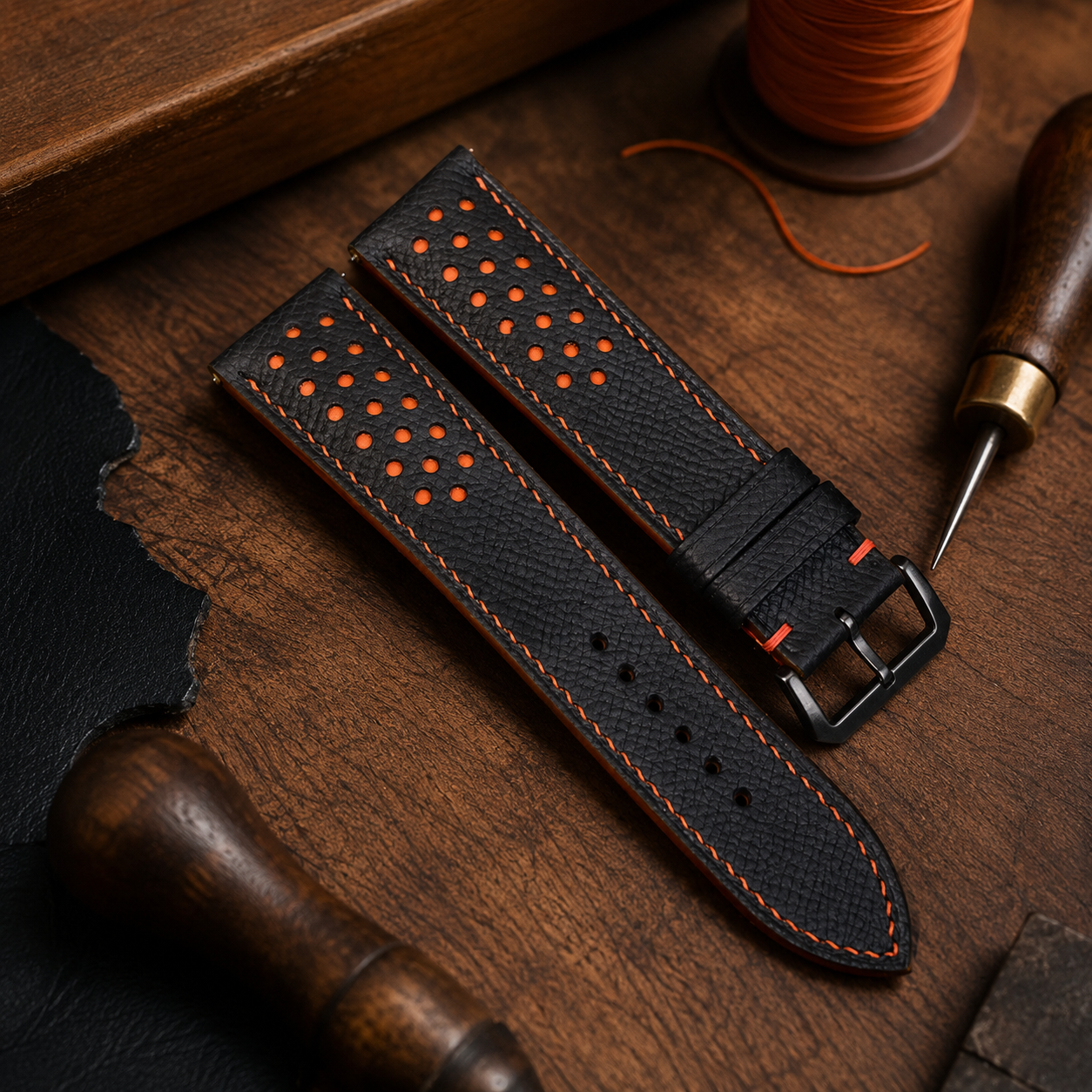 Black and Orange Racing Epsom Leather Watch Strap - Handmade Quick Release Band