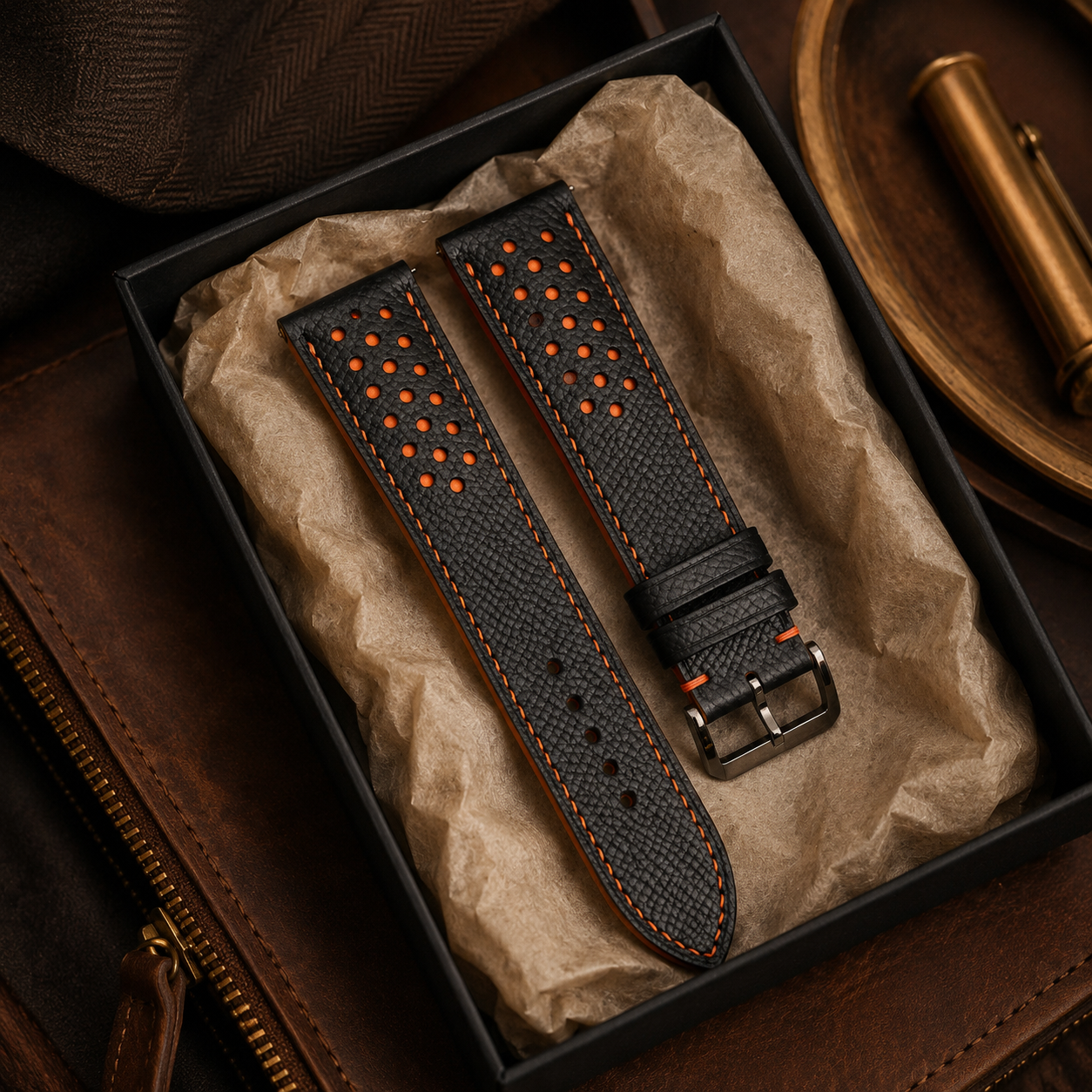 Black and Orange Racing Epsom Leather Watch Strap - Handmade Quick Release Band