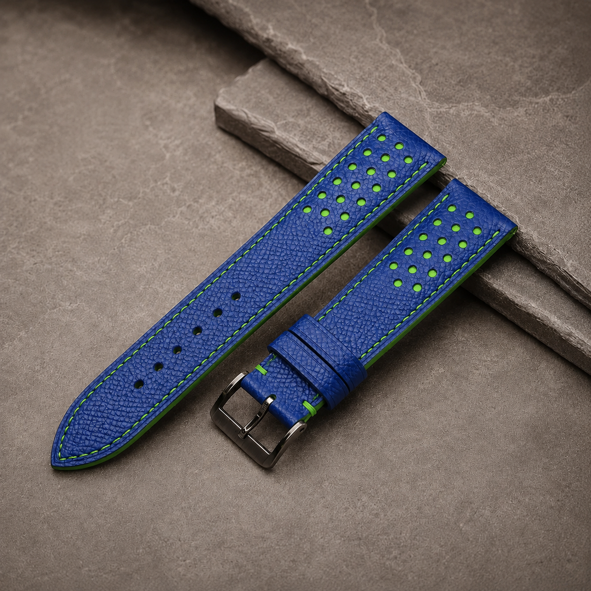 Blue And Green Small Racing Epsom Leather Watch Strap - Handmade