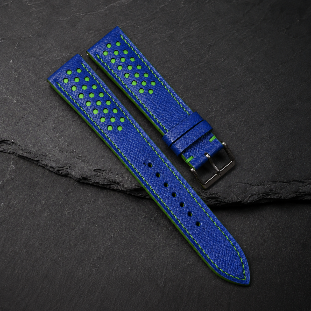 Blue And Green Small Racing Epsom Leather Watch Strap - Handmade
