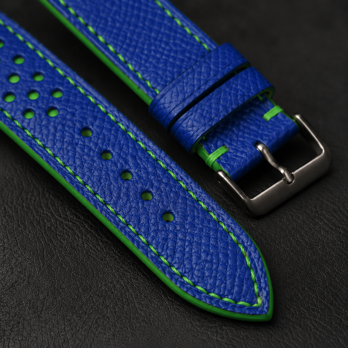 Blue And Green Small Racing Epsom Leather Watch Strap - Handmade