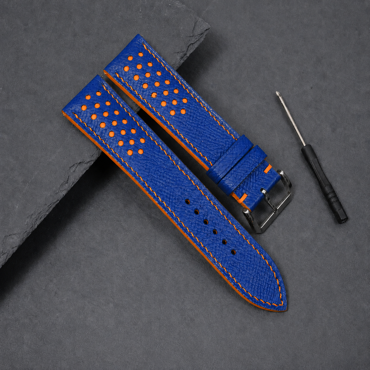 Blue And Orange Small Racing Epsom Leather Watch Strap - Handmade