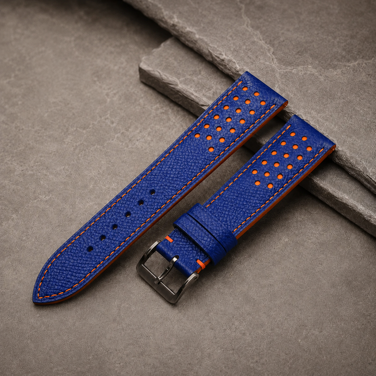 Blue And Orange Small Racing Epsom Leather Watch Strap - Handmade