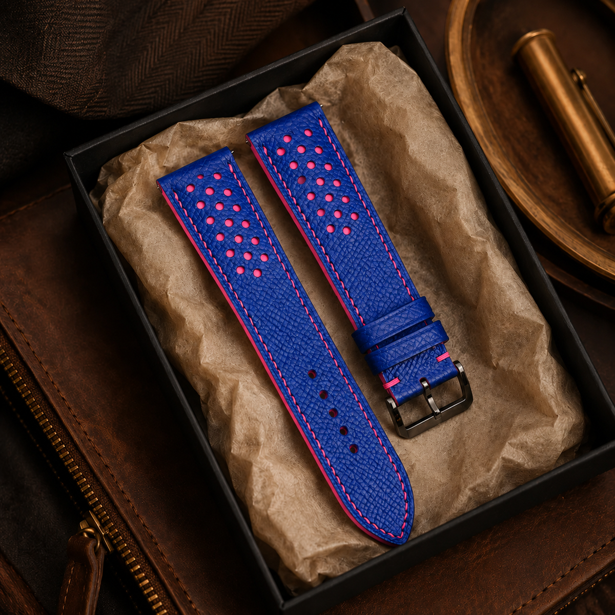 Blue And Pink Small Racing Epsom Leather Watch Strap - Handmade