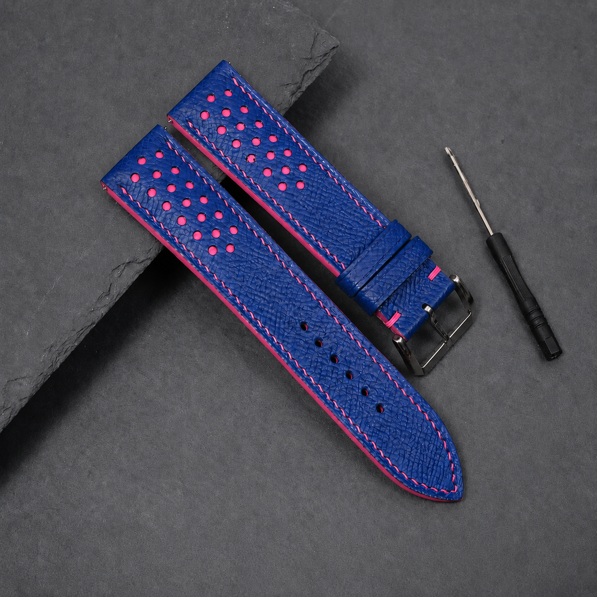 Blue And Pink Small Racing Epsom Leather Watch Strap - Handmade