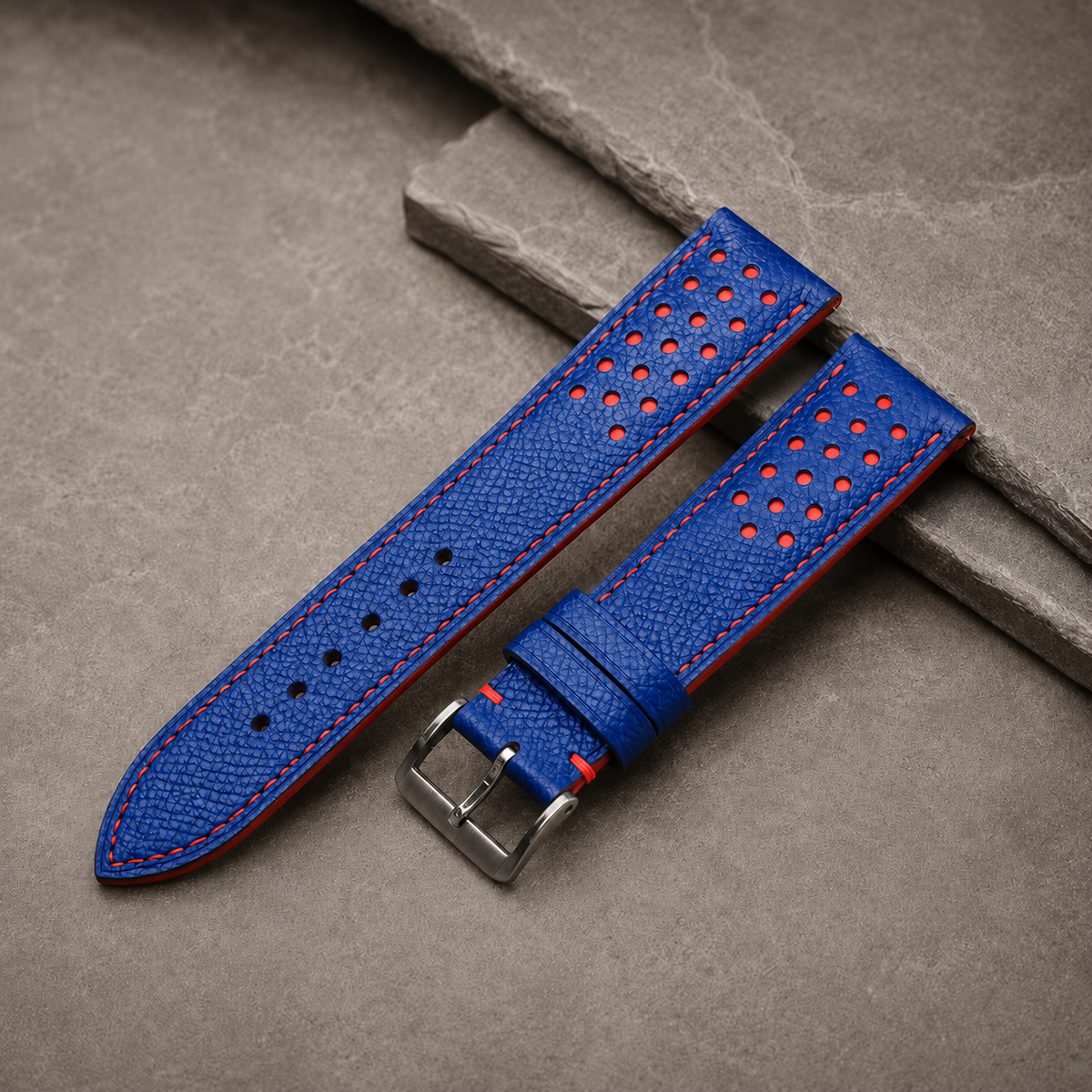 Blue And Red Small Racing Epsom Leather Watch Strap - Handmade