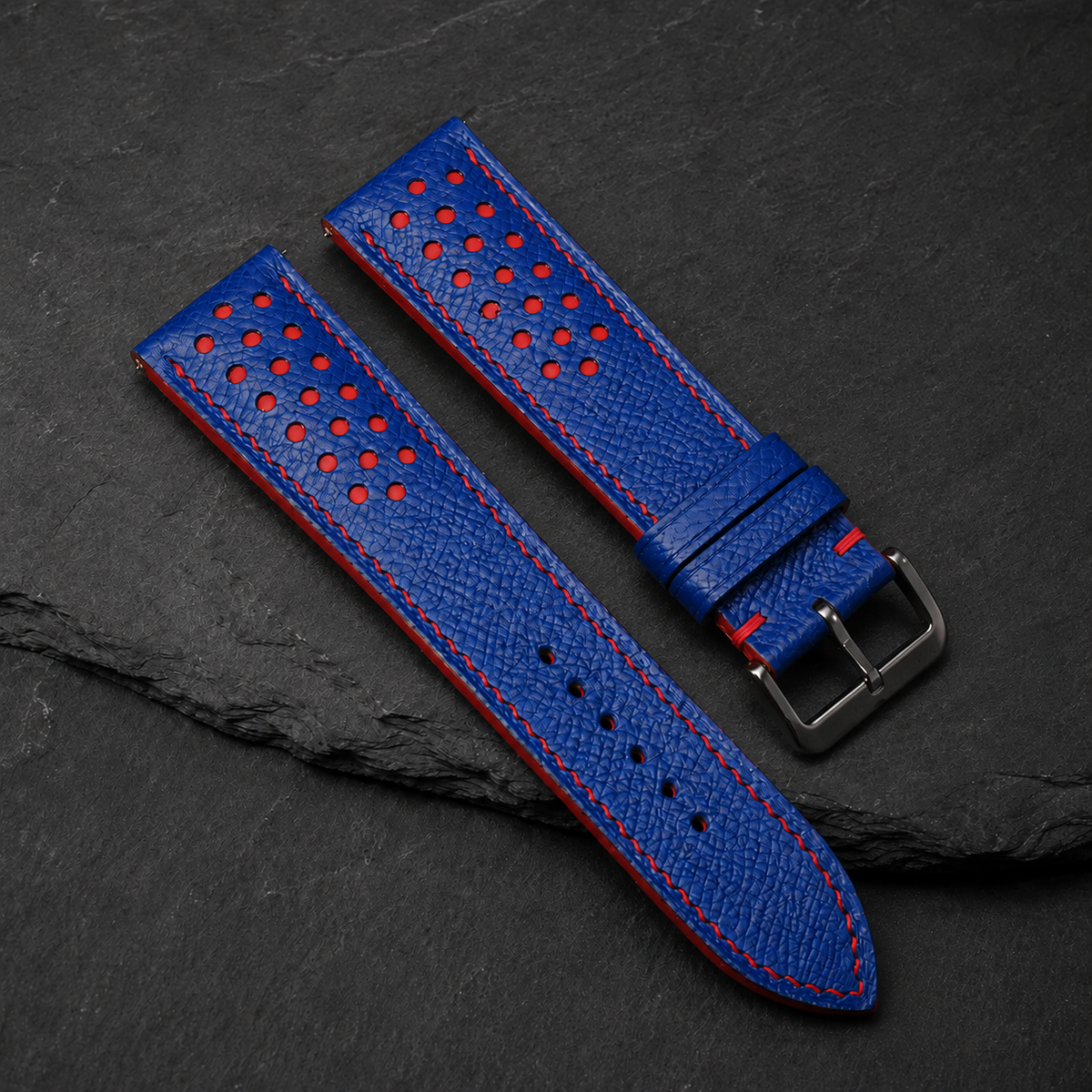 Blue And Red Small Racing Epsom Leather Watch Strap - Handmade