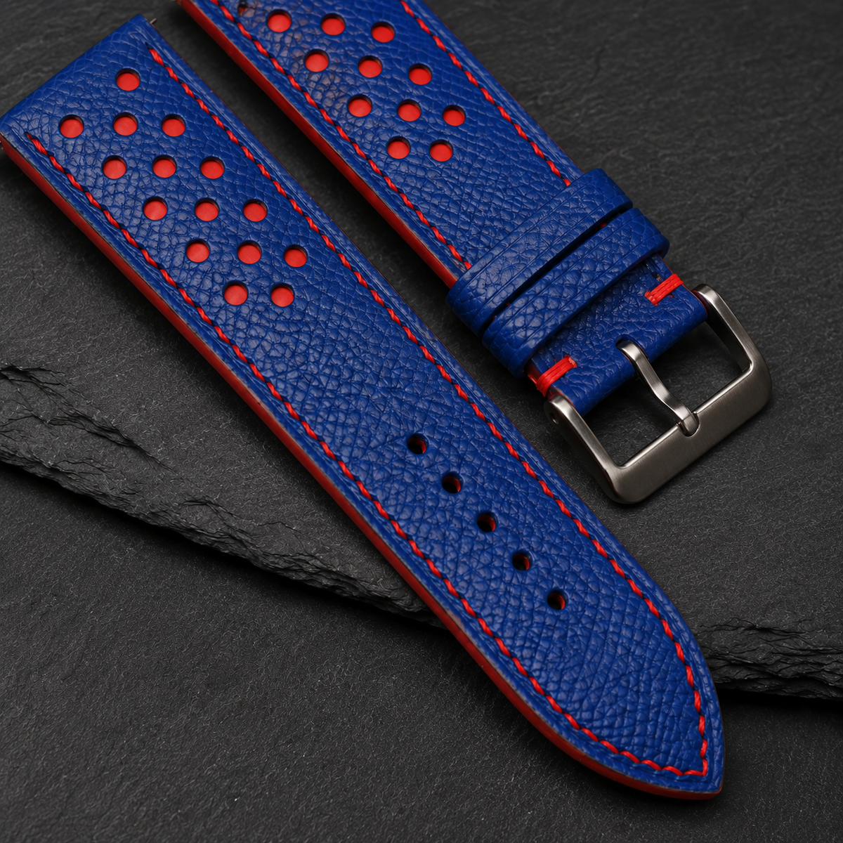 Blue And Red Small Racing Epsom Leather Watch Strap - Handmade