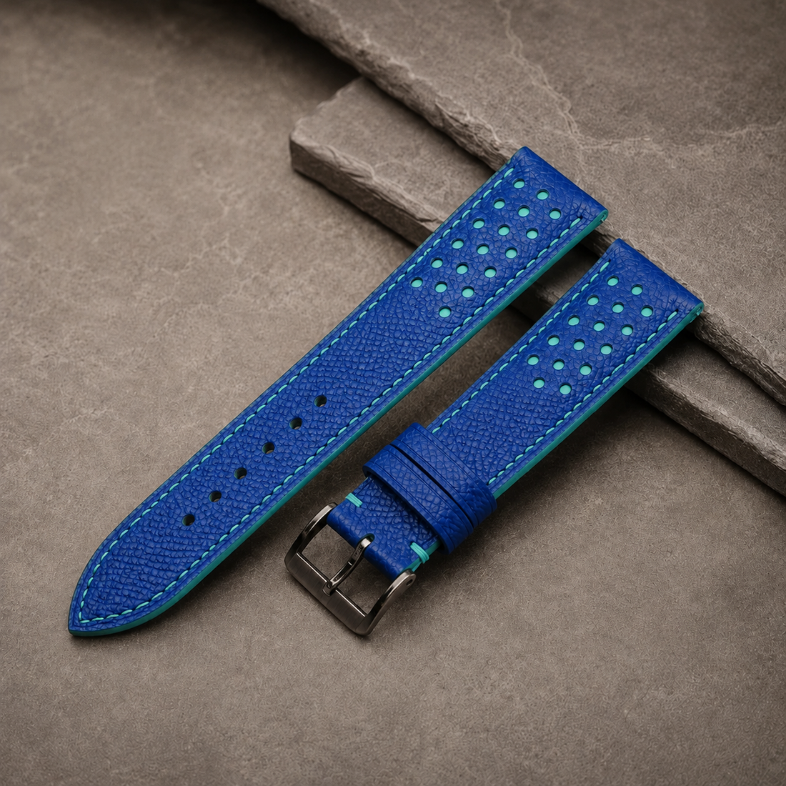 Blue And Turquoise Small Racing Epsom Leather Watch Strap - Handmade