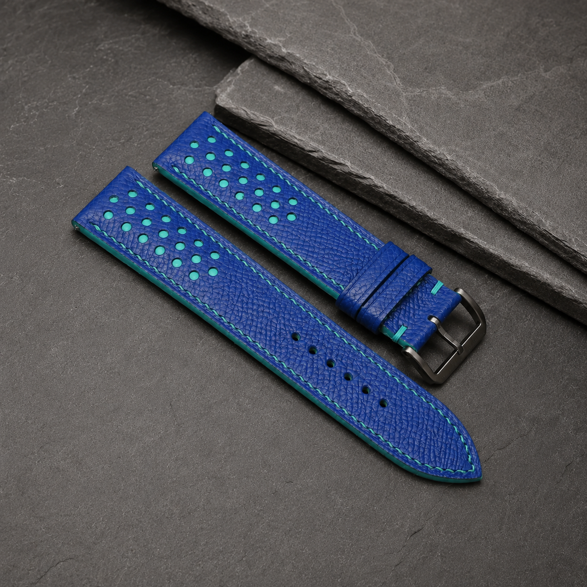 Blue And Turquoise Small Racing Epsom Leather Watch Strap - Handmade