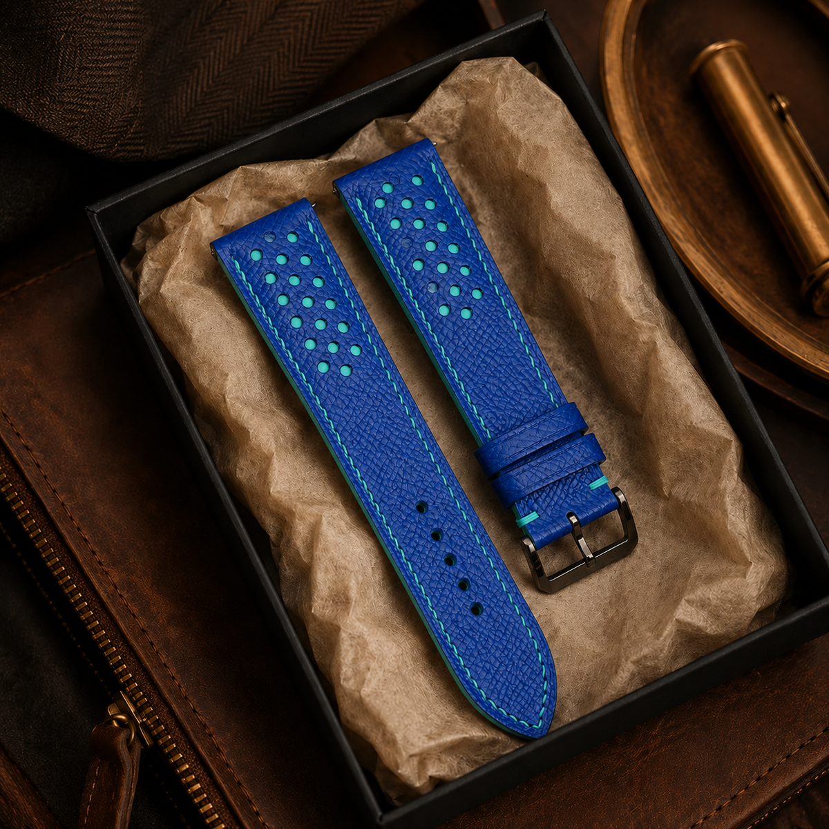 Blue And Turquoise Small Racing Epsom Leather Watch Strap - Handmade